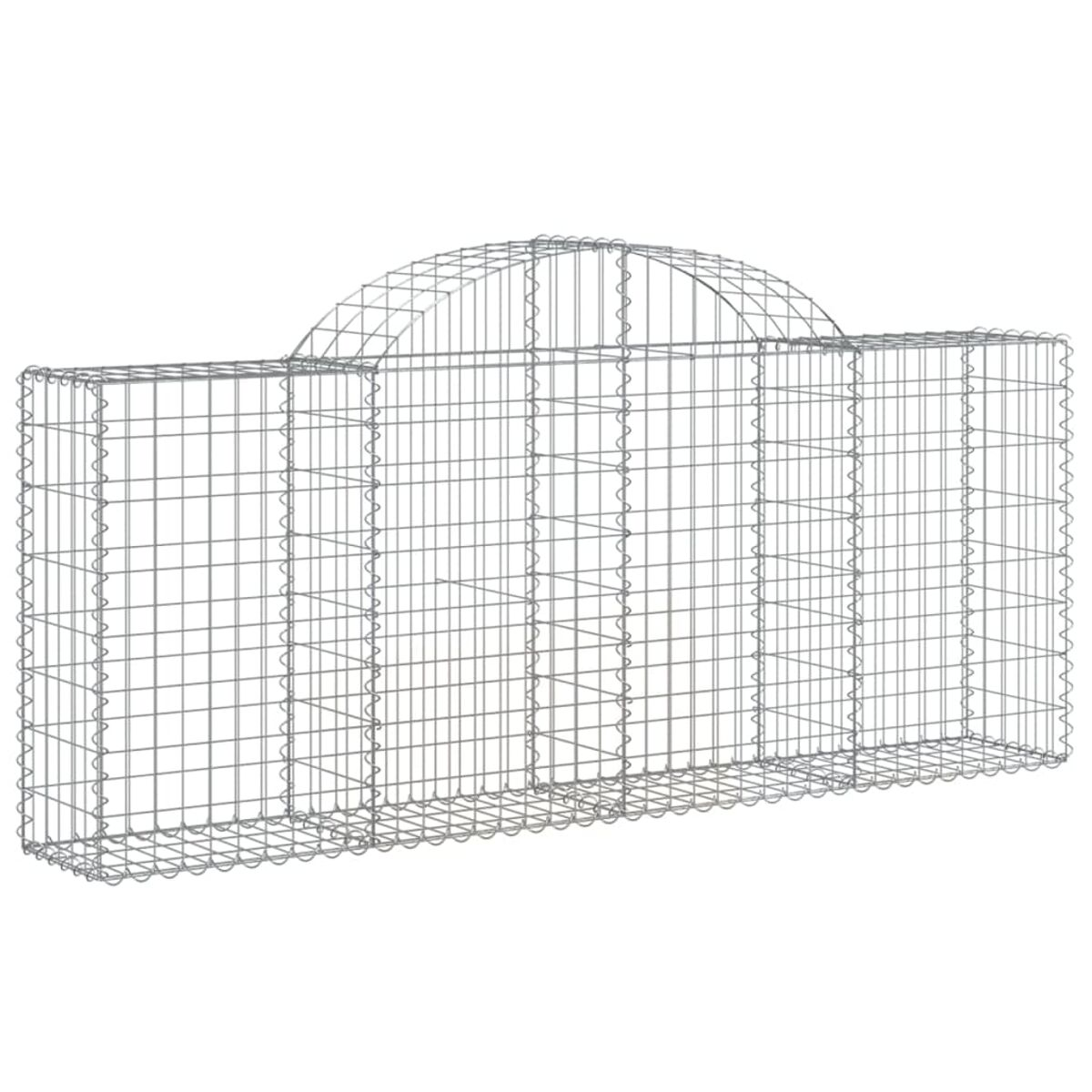 Silberner Drahtgitter-Gabion mit gewölbtem Oberteil. Der Hintergrund ist weiß.