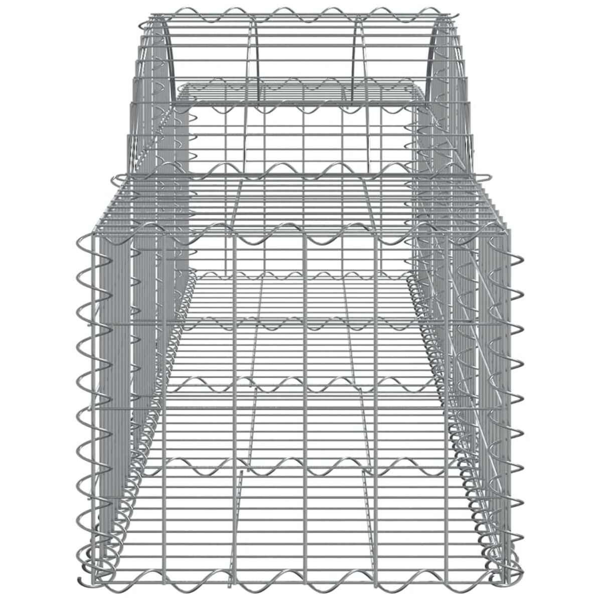 Ein rechteckiger Gabion, ein Metall-Drahtgitterkäfig, von oben mit offener Oberseite betrachtet.