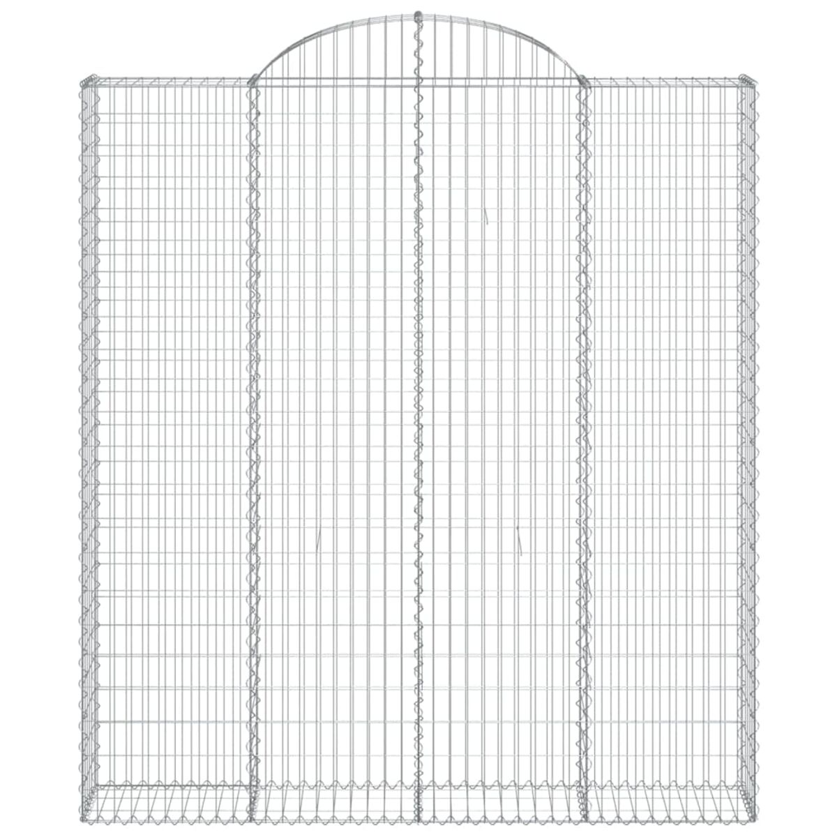 Eine Drahtgitter-Gabionenwand mit gewölbtem Oberteil, auf weißem Hintergrund. Vertikale und horizontale Drähte bilden das Gitter.