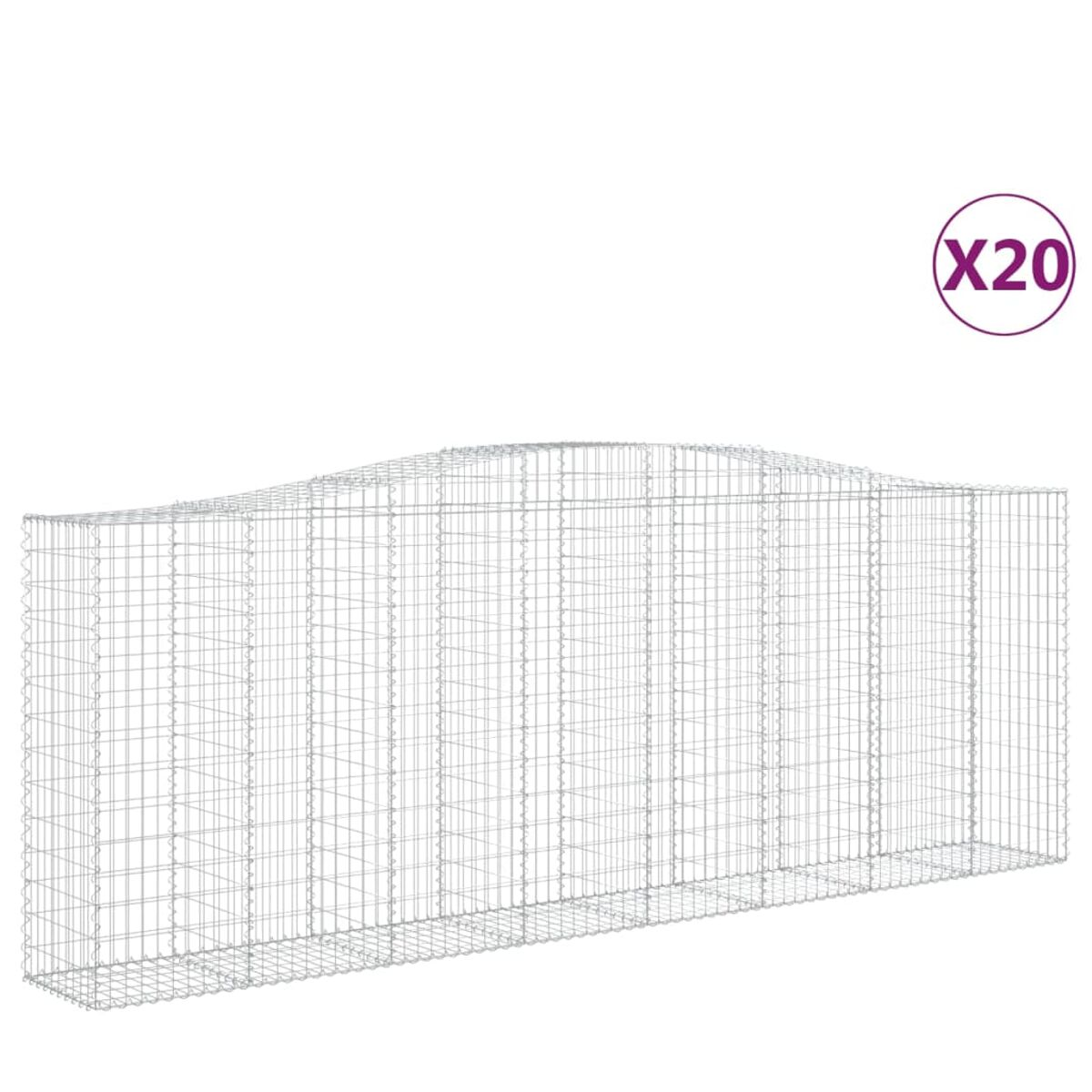 Drahtgitter-Gabione, rechteckige Form mit gewölbter Oberseite. X20 in lila Kreis.
