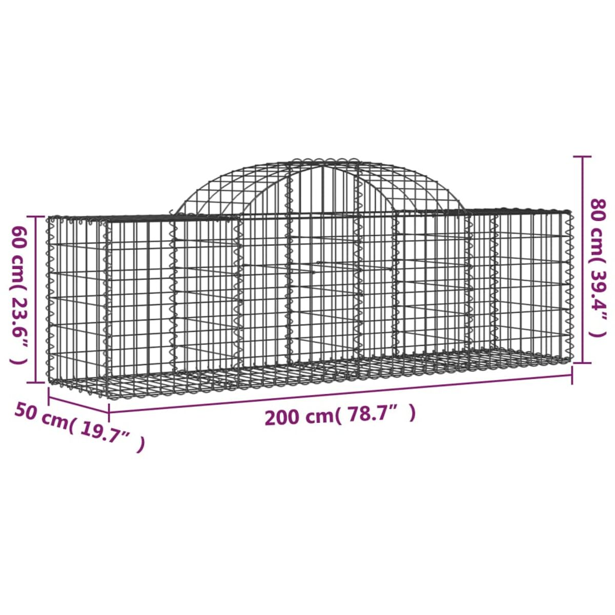 Gabione, Drahtgitterstruktur, rechteckige Form, Maße 200x60x80 cm.