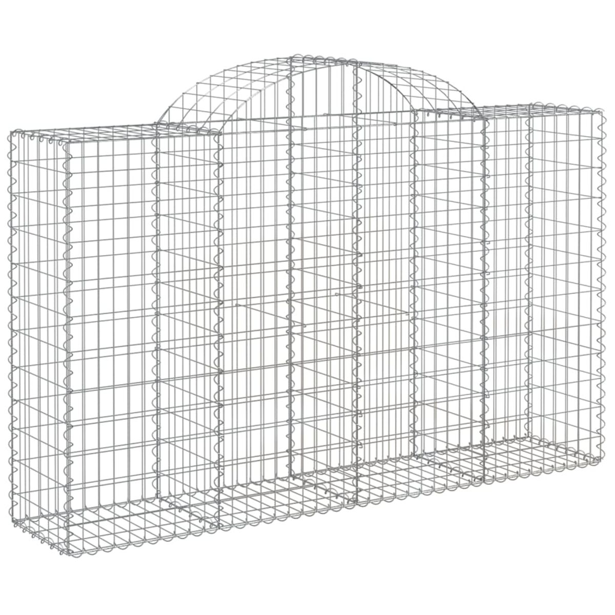 Ein grauer Drahtgitterkorb mit Abmessungen. Der Gabion hat eine gewölbte Oberseite und ist vor weißem Hintergrund.