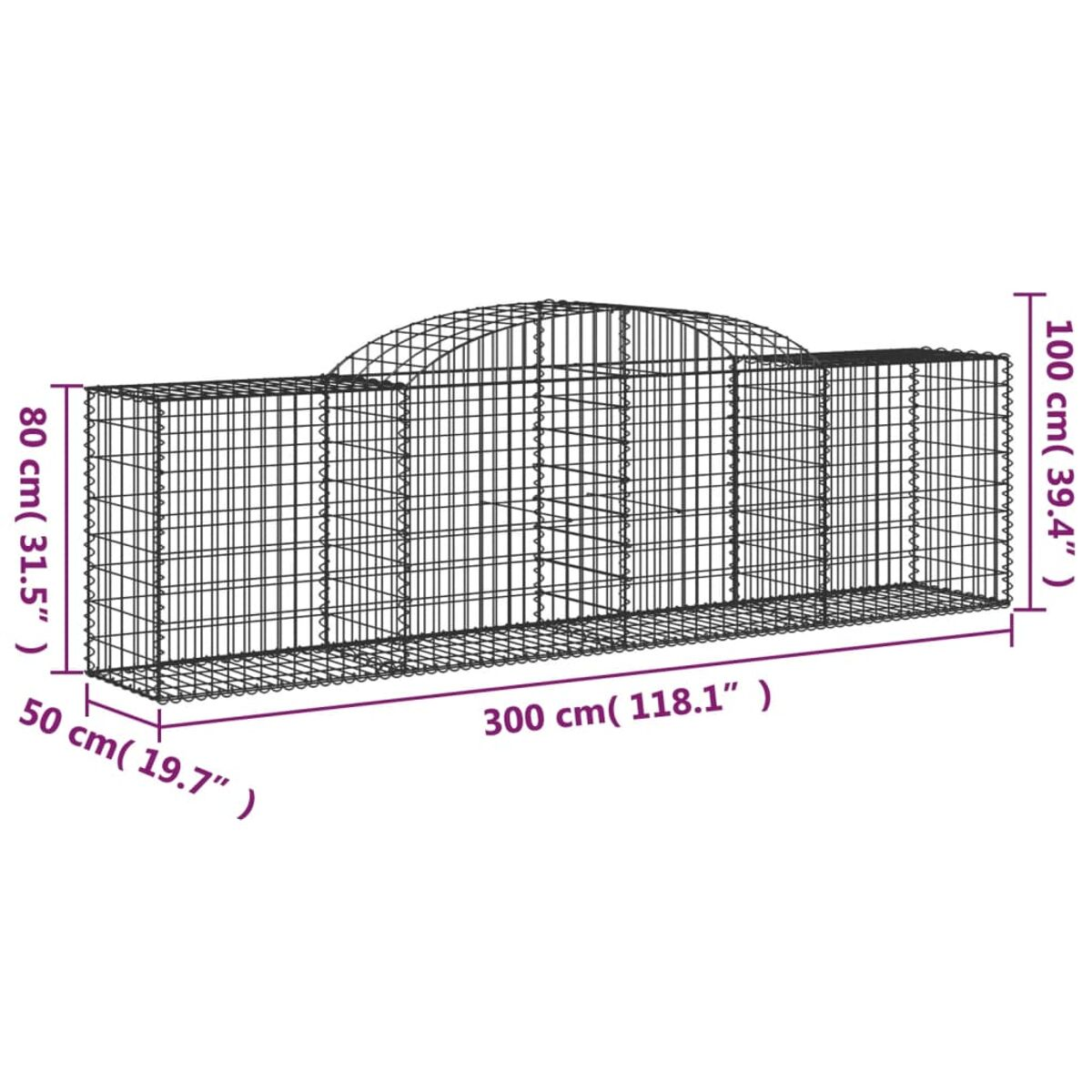 Lange Gabionenmauer mit Abmessungen. Die Mauer ist eine lange, rechteckige Struktur.