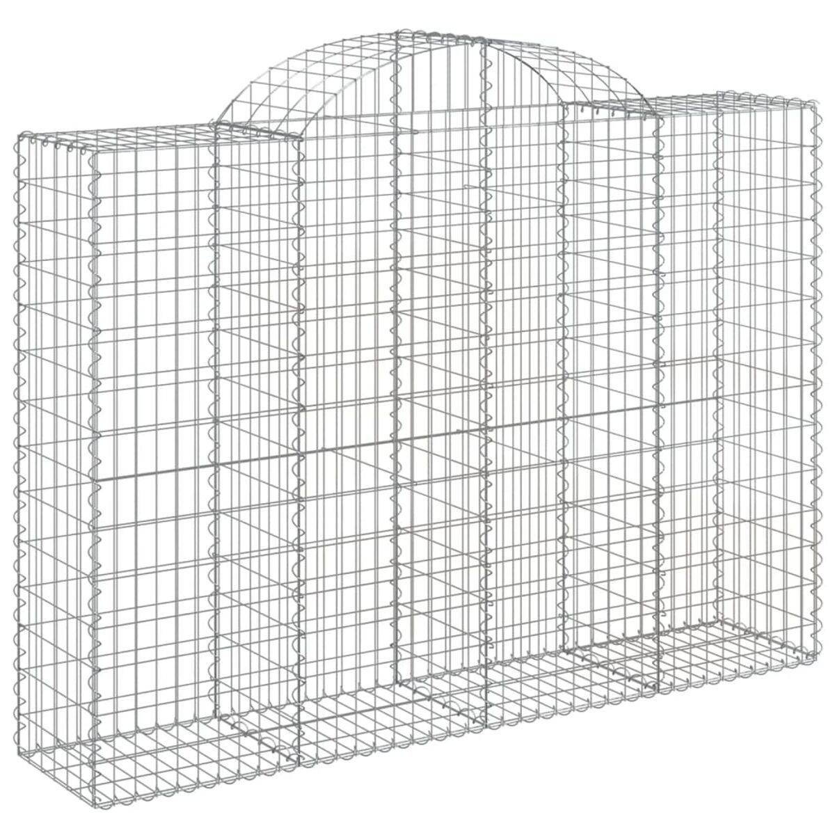 Gabionenstruktur mit gewölbtem Oberteil. Metallgitter. Weißer Hintergrund.