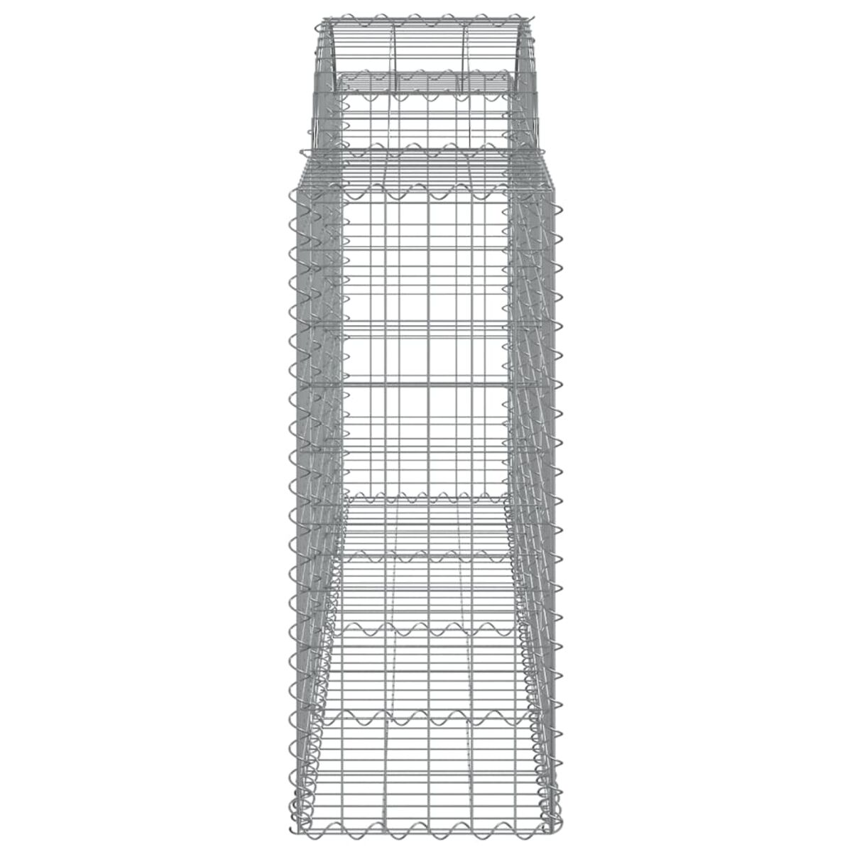 Ein hoher, rechteckiger Gabion. Eine Drahtgitterstruktur. Es ist eine schmale, vertikal ausgerichtete Box.