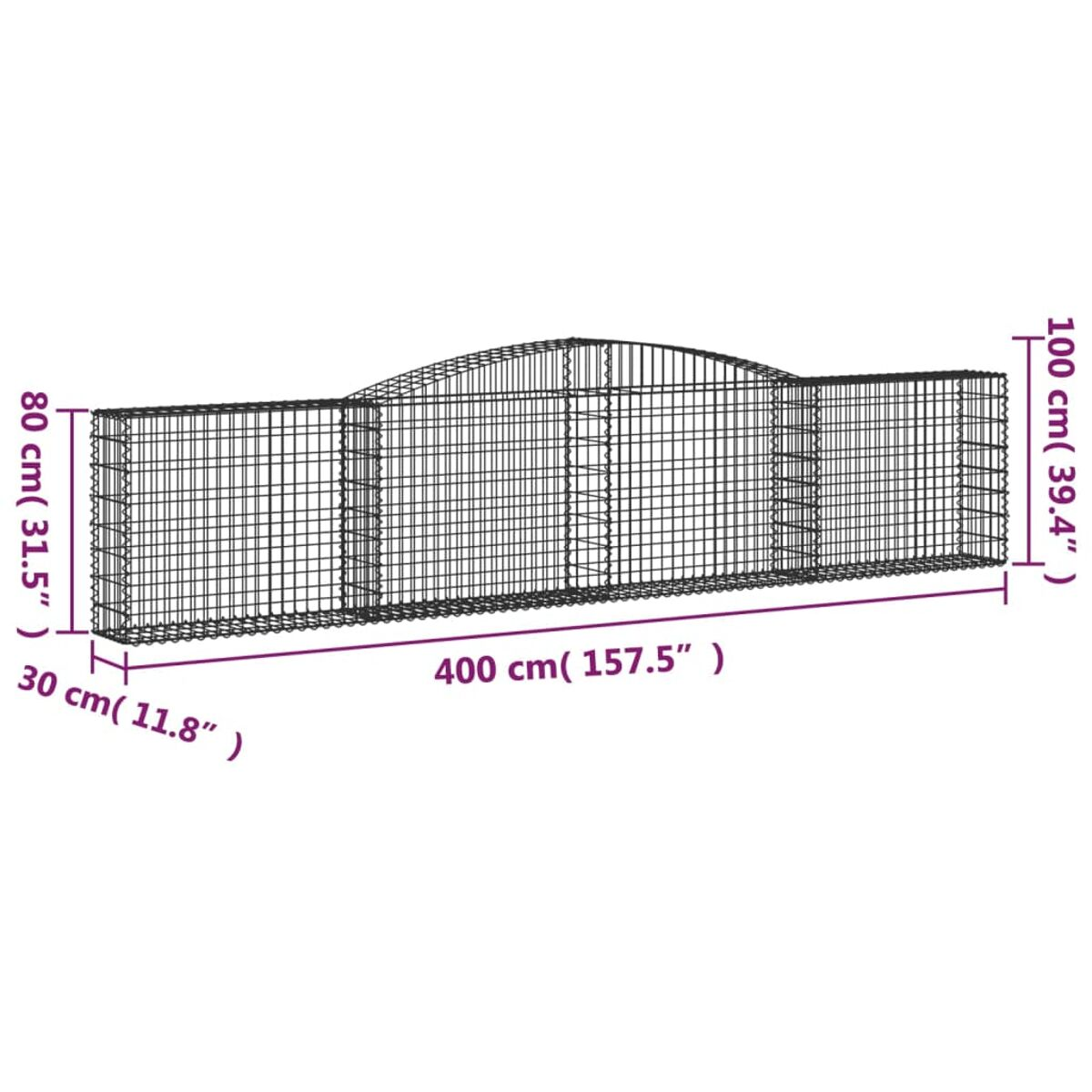 Gabionenzaun, Drahtgeflechtkonstruktion mit Abmessungen. Gebogenes Top-Design, rechteckige Form.
