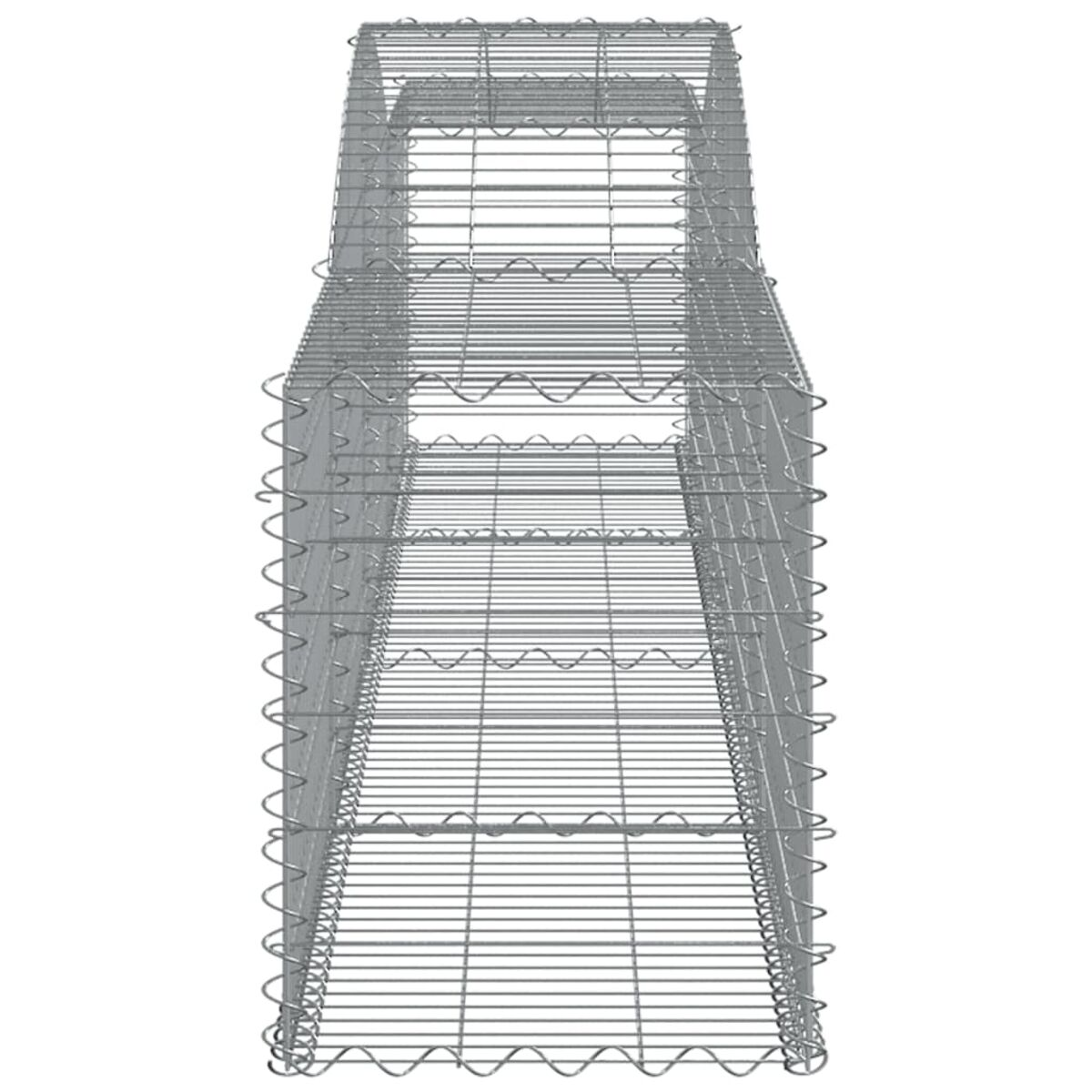 Ein Drahtgabion in Form eines offenen Rechtecks. Der Gabion besteht aus Metalldraht.