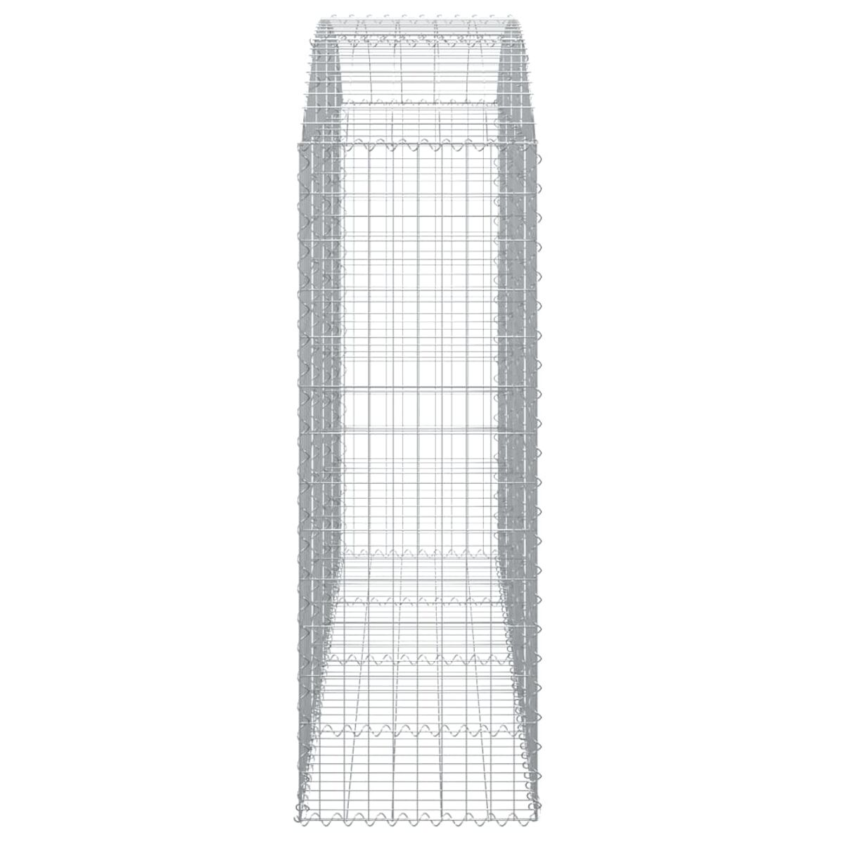 Ein hoher, leerer Metall-Gabion. Es ist rechteckig und besteht aus einem Drahtgeflecht. Der Gabion ist leer.