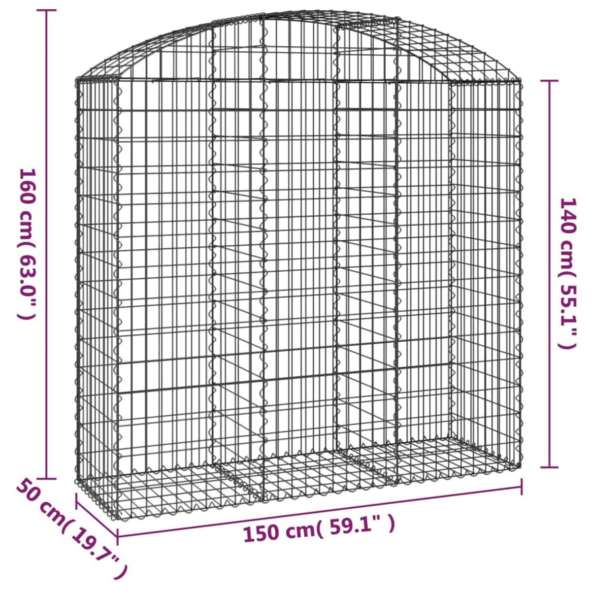 Gabionenkäfig aus Metalldraht mit beschrifteten Abmessungen. Er ist leer, vor weißem Hintergrund.