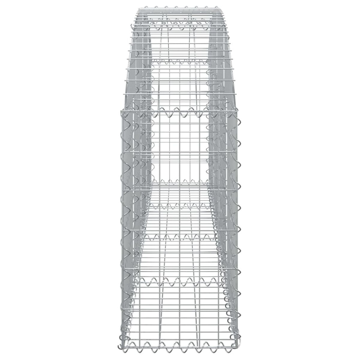 Eine hohe, dünne Gabionenstruktur. Sie ist rechteckig und besteht aus einem Metallgitter.