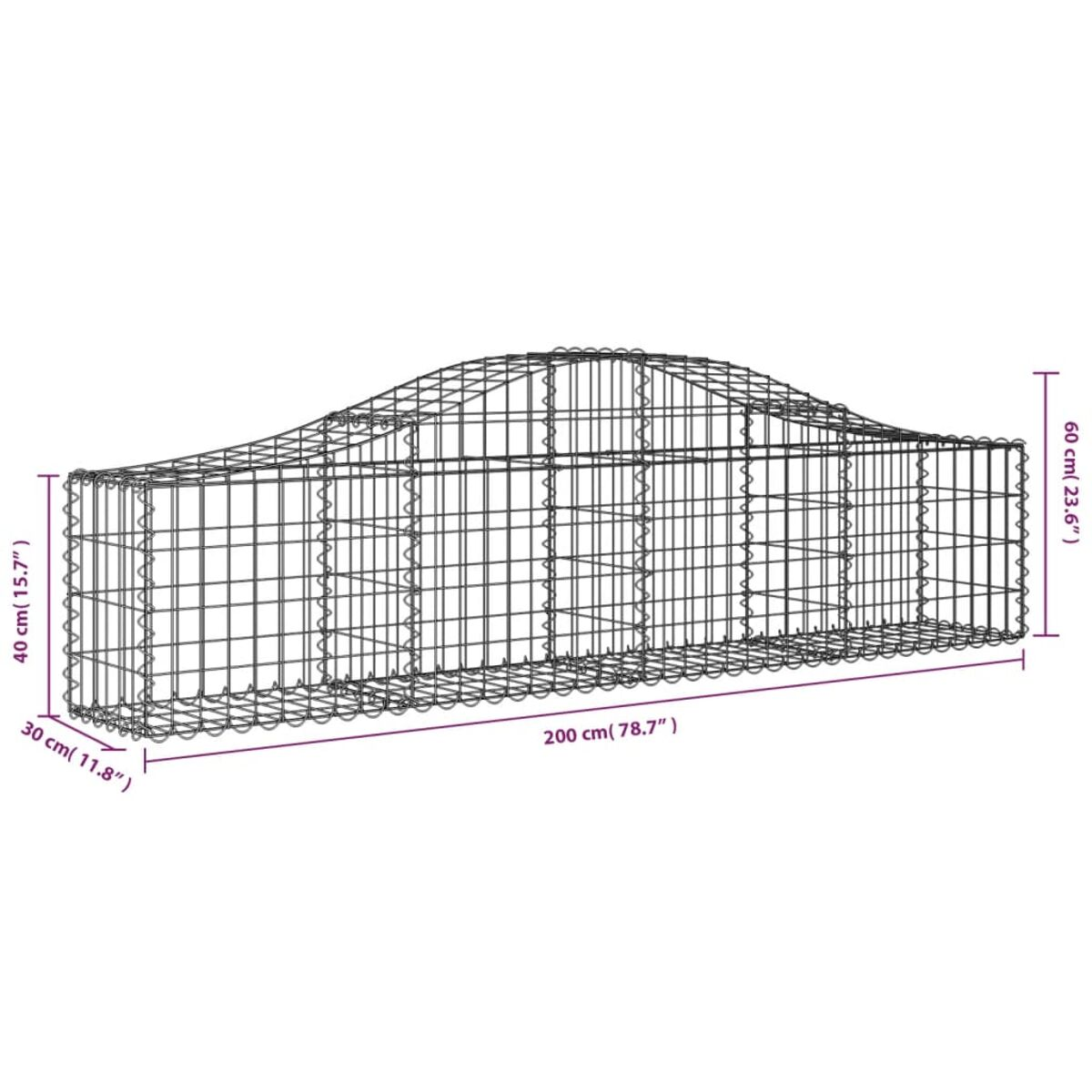 Ein langer Drahtgeflecht-Gabion mit Maßangaben. Er ist rechteckig mit Bogen.