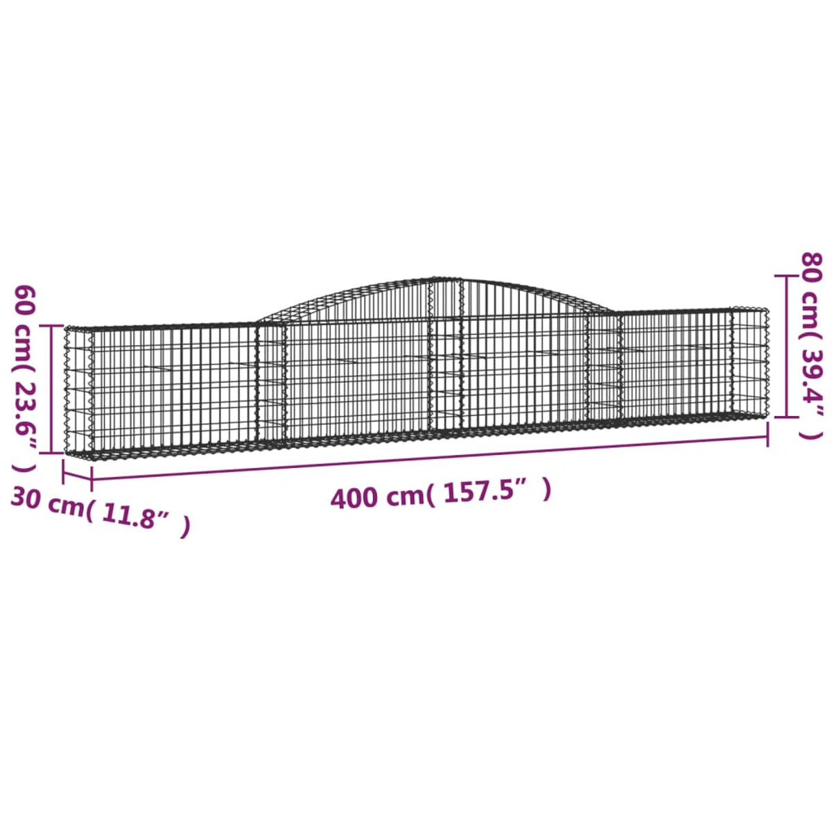 Lange Drahtgitterstruktur, gewölbte Oberseite. Maße werden angezeigt: 400 cm x 80 cm x 30 cm.