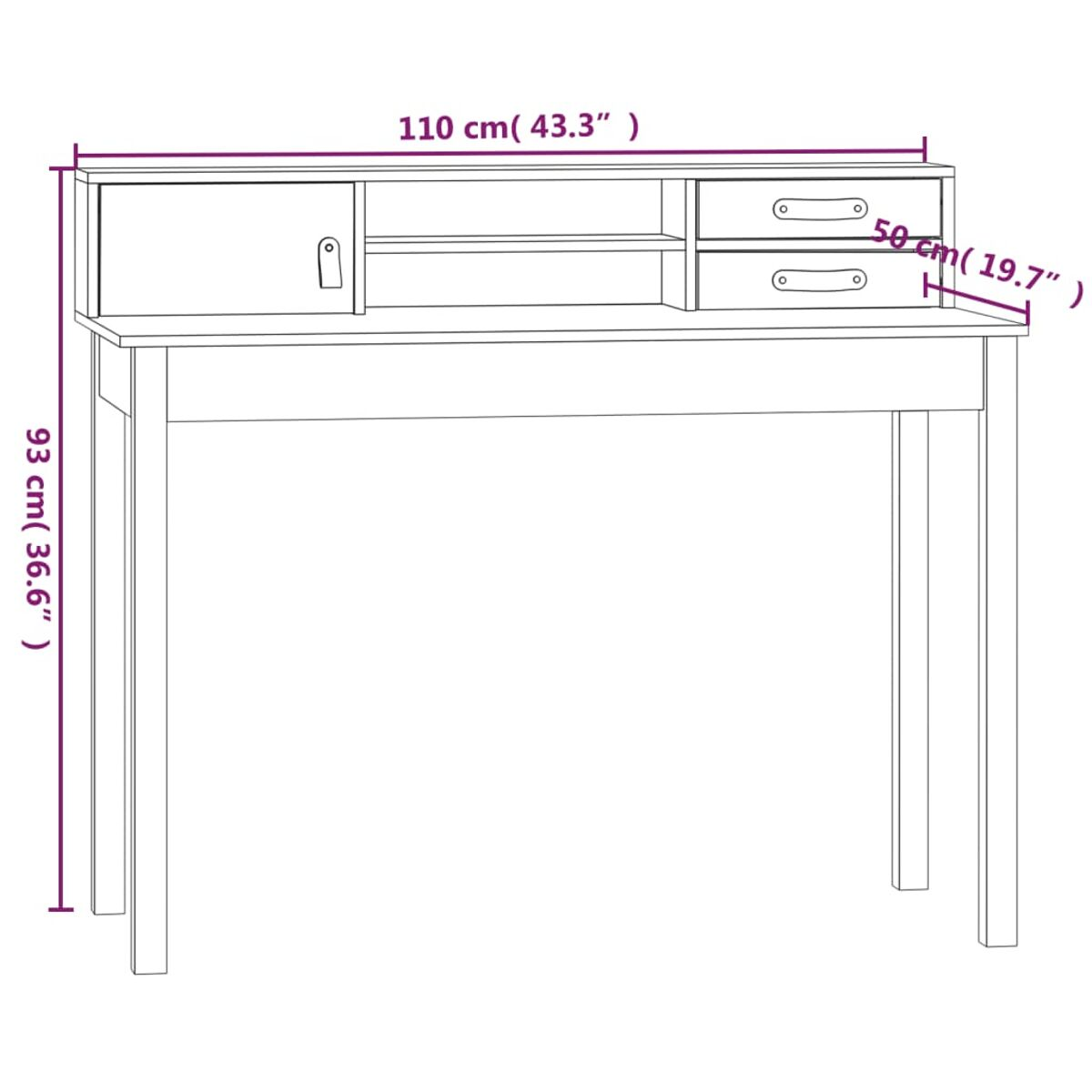 Weißer Schreibtisch mit Schubladen und Regal. Abmessungen beschriftet.