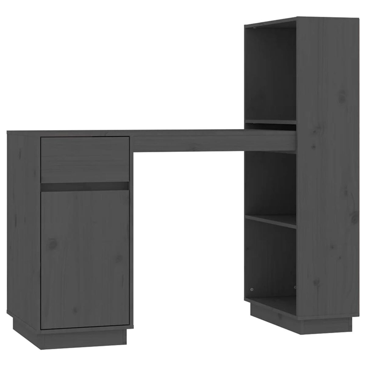 Ein dunkelgrauer Schreibtisch mit Schublade, Schrank und einem Regal an der Seite.