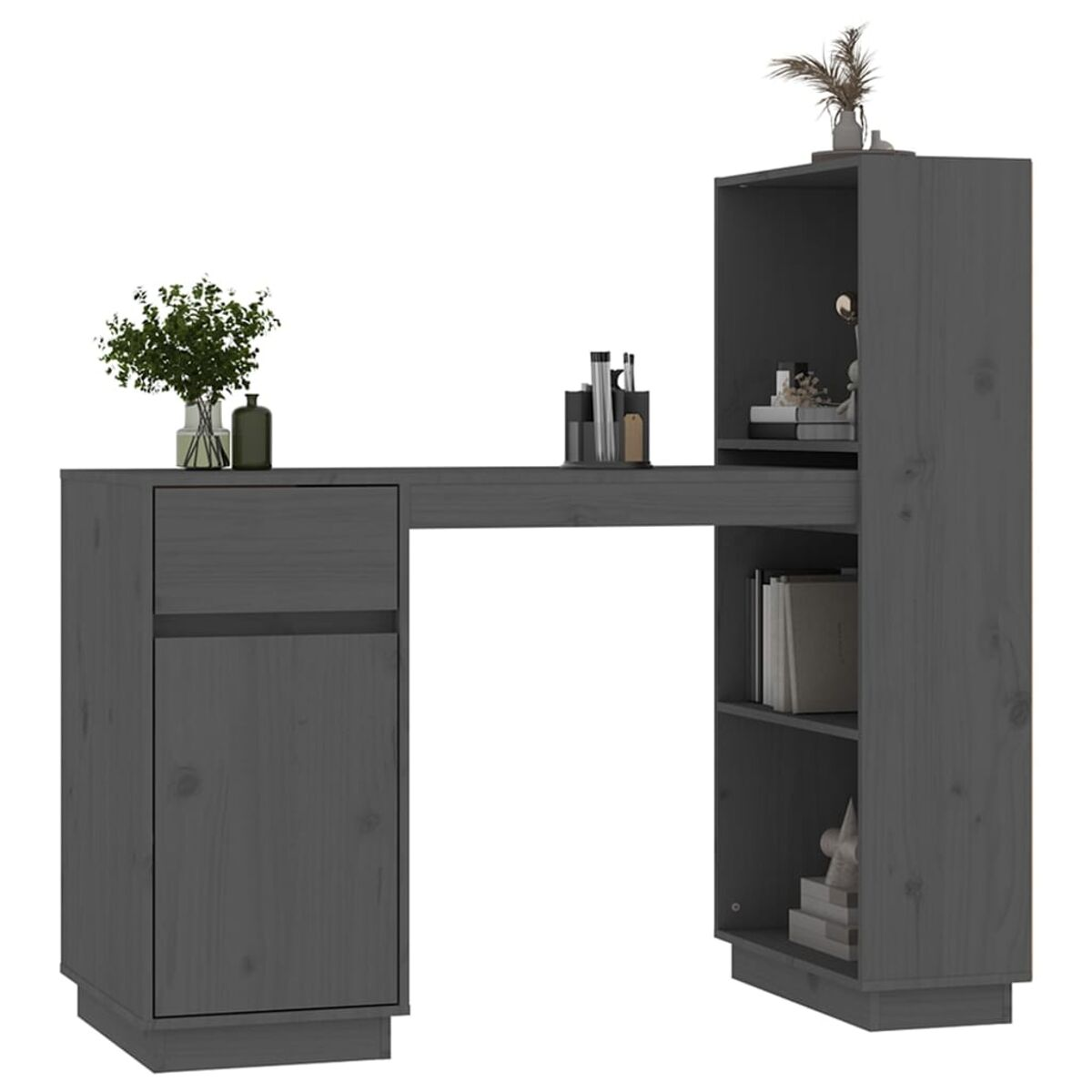 Ein dunkelgrauer Holzschreibtisch mit Schublade, Schrank und Regal mit Gegenständen.
