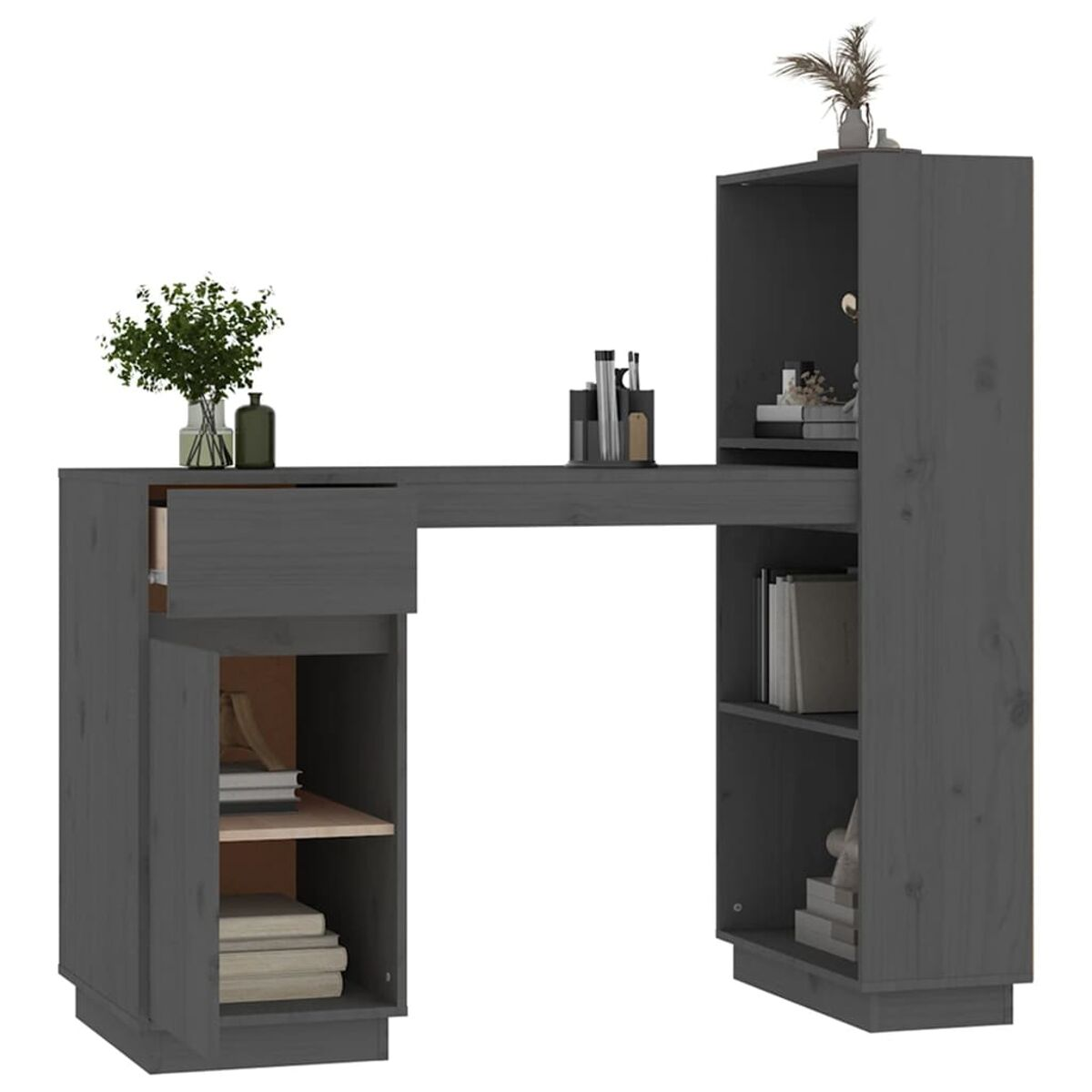 Grauer Holzschreibtisch mit Schubladen und Regalen. Eine Pflanze und Gegenstände oben.