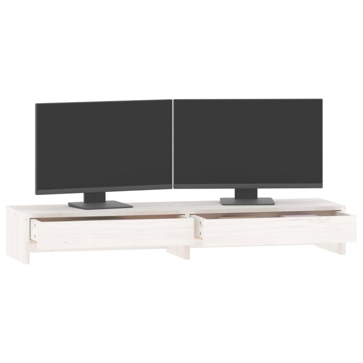 Weißer TV-Ständer aus Holz mit zwei Schubladen und zwei schwarzen Monitoren.