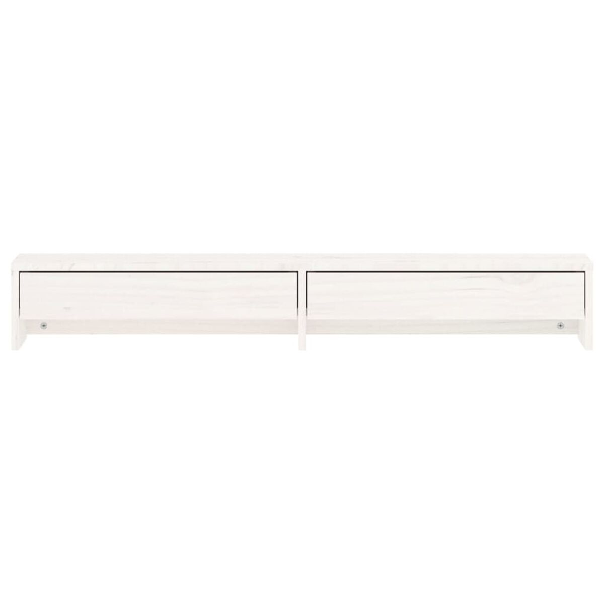 Ein langes, weißes, wandmontiertes Regal mit zwei Schubladen. Das Regal ist schlicht und minimalistisch gestaltet.