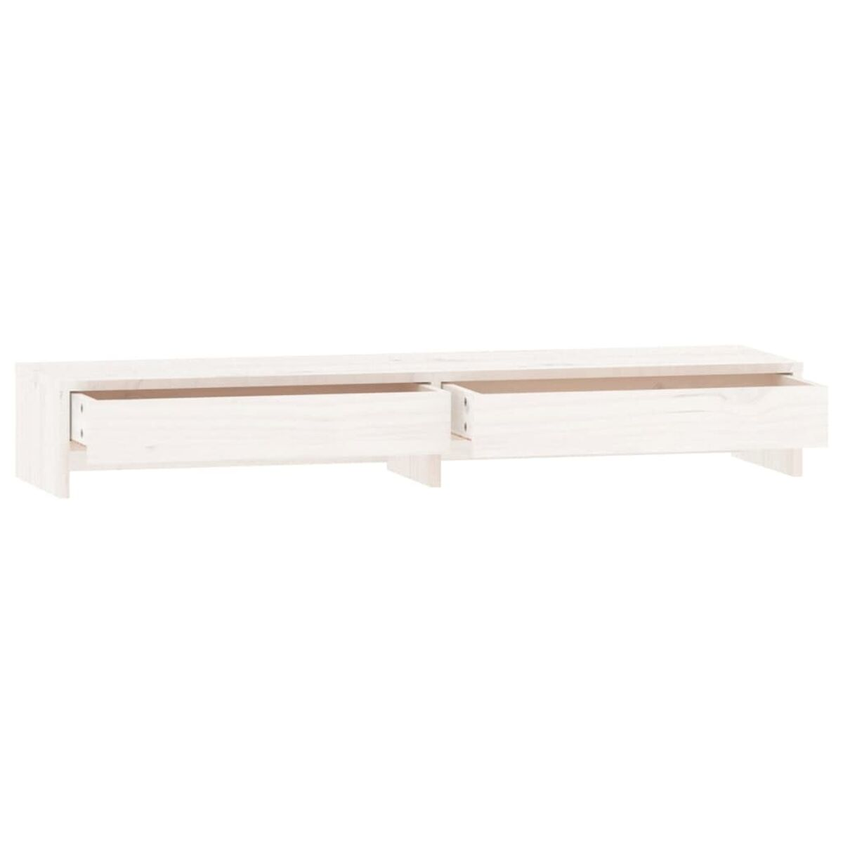 Weißes niedriges Holzboard mit zwei offenen Schubladen. Weißer Hintergrund.