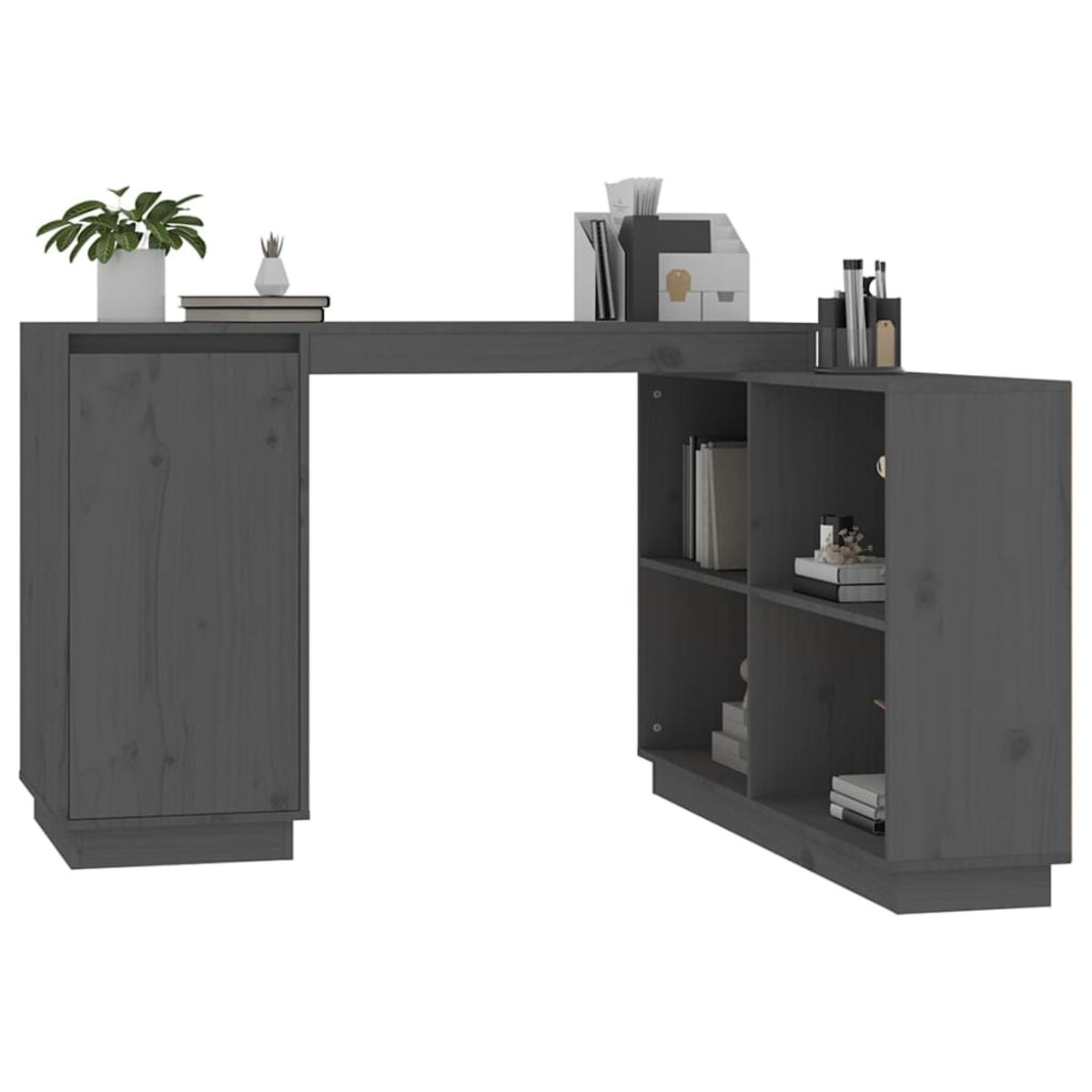 Ein grauer Holzschreibtisch mit Schrank und Regalen, mit Büromaterial.