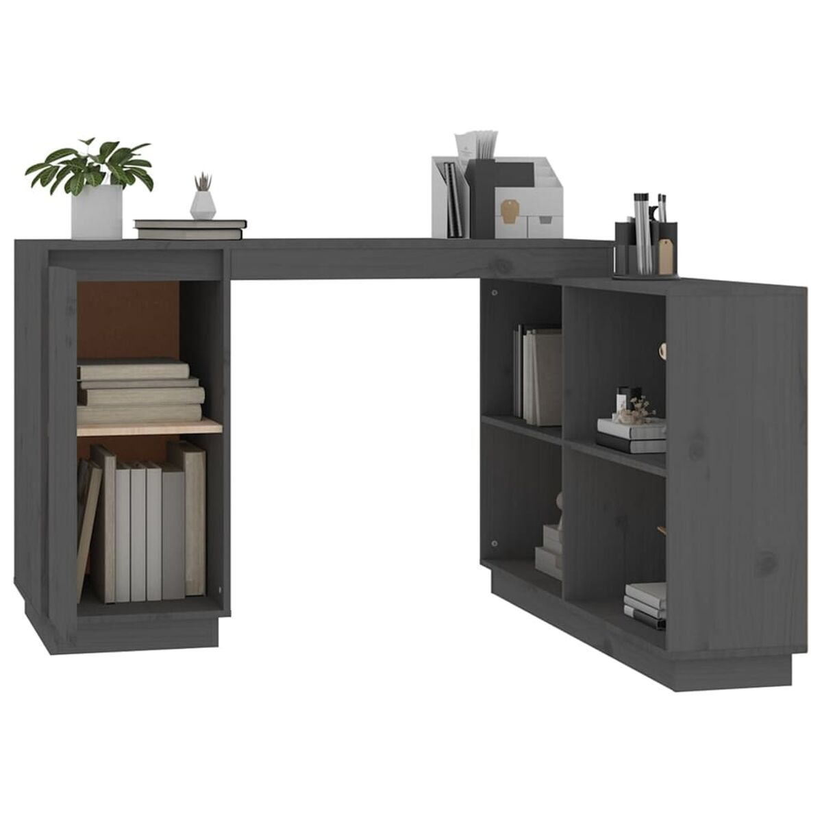 Grauer Schreibtisch mit Regalen. Bücher, Pflanzen und Bürobedarf liegen auf dem Schreibtisch.