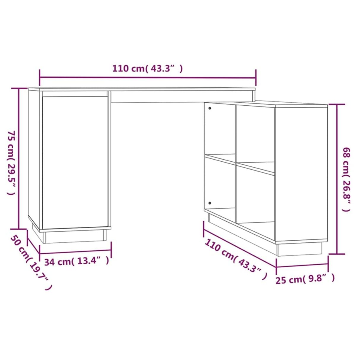 Ein Holzschreibtisch mit Schubladen und Regalen, Abmessungen in Zentimetern.