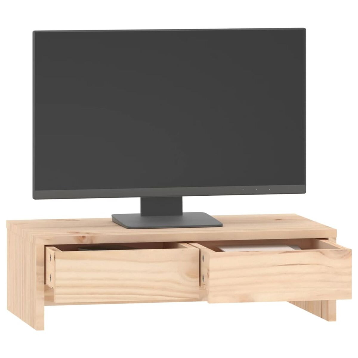 Ein Monitor auf einem Holzständer mit zwei geöffneten Schubladen. Der Ständer ist hellbraun und steht auf weißem Untergrund.