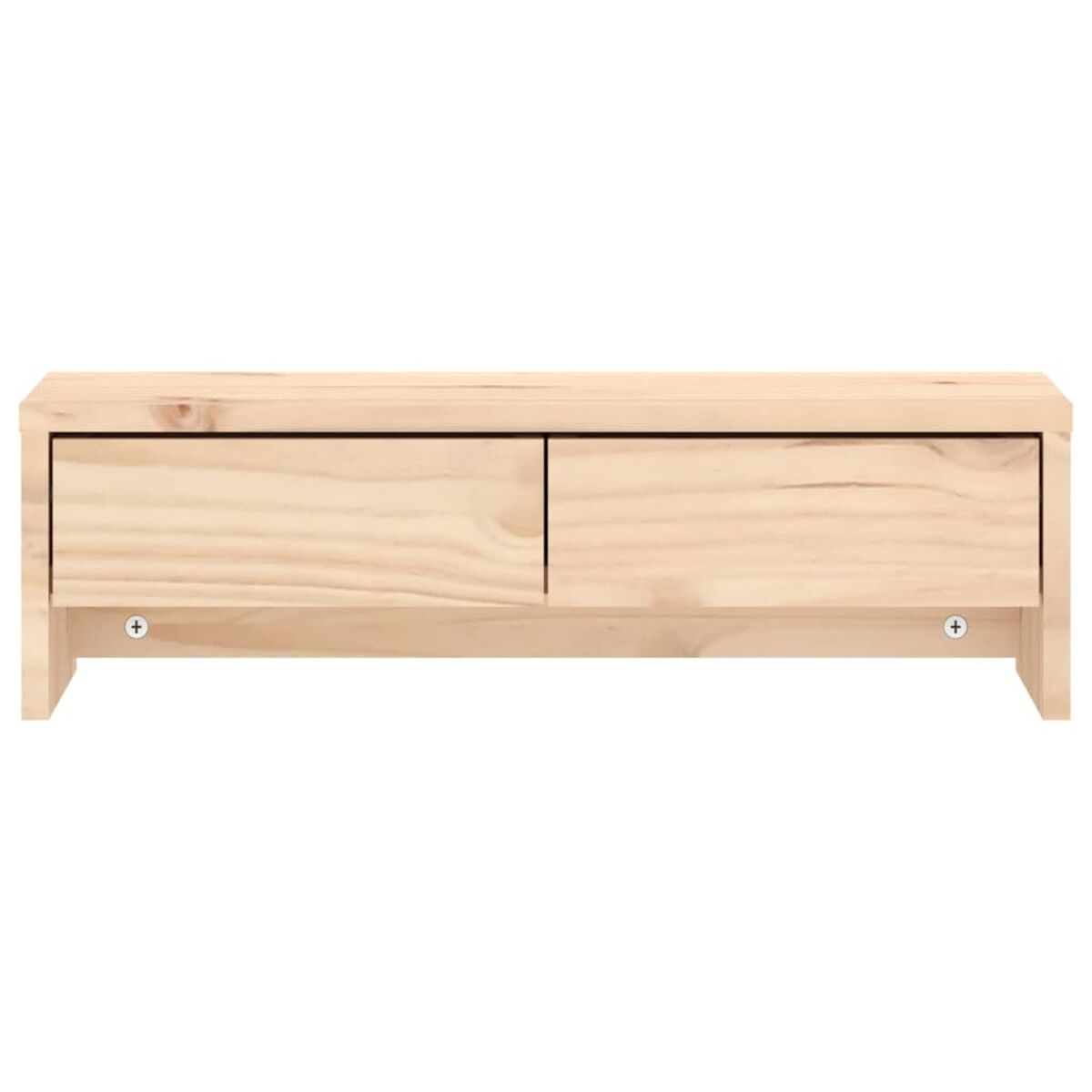 Ein hellbrauner TV-Ständer aus Holz. Er hat zwei Schubladen mit Pluszeichen an den Seiten.