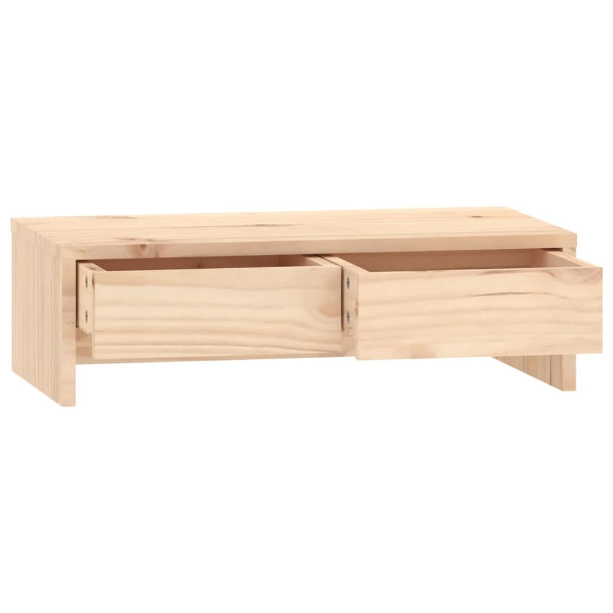 Kaffeetisch aus hellem Holz mit zwei offenen Schubladen.