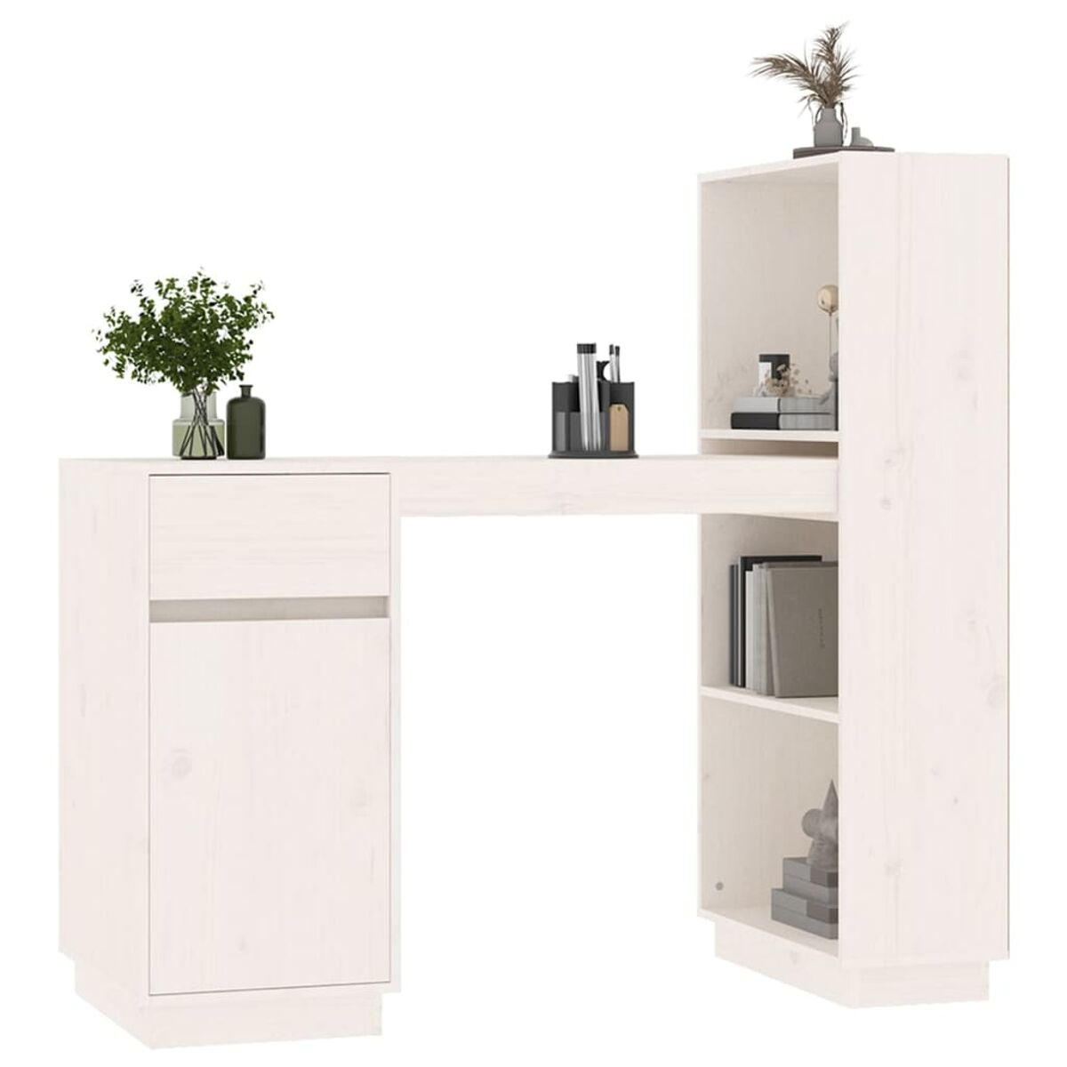 Ein weißer Schreibtisch. Er hat eine Schublade, einen Schrank und ein Regal. Blumen und Bücher sind vorhanden.