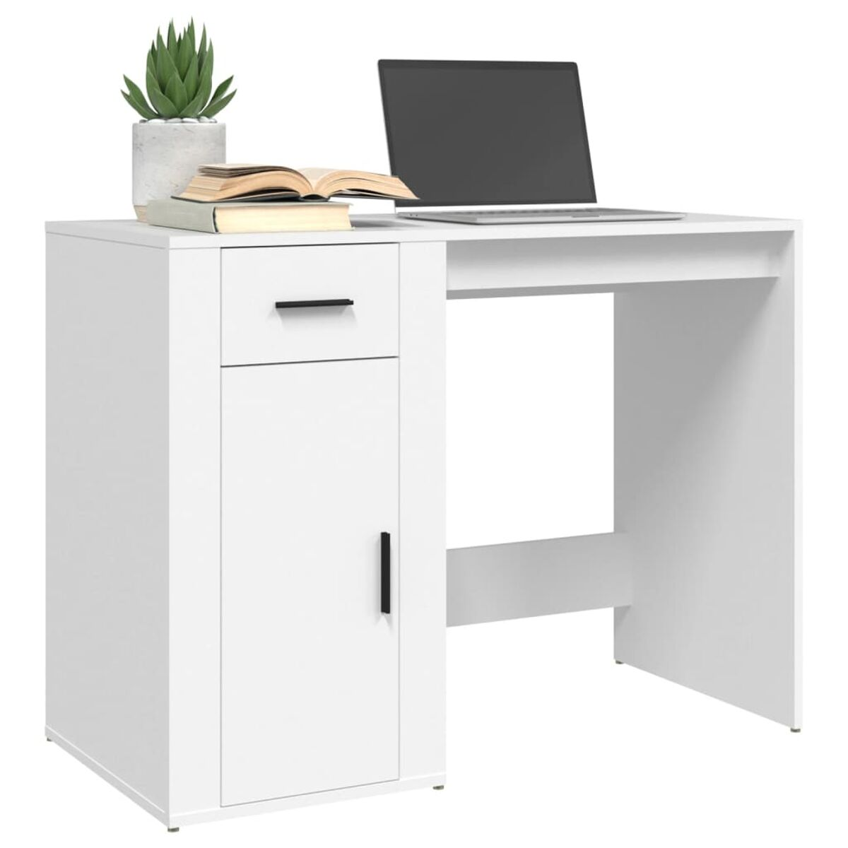 Ein weißer Schreibtisch mit Schublade, Schrank und Laptop, Pflanze und Büchern. Der Hintergrund ist weiß.