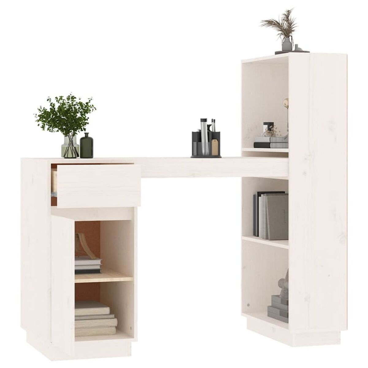 Weißer Holzschreibtisch mit Schubladen und offenen Regalen. Pflanzen und Gegenstände sind oben platziert.