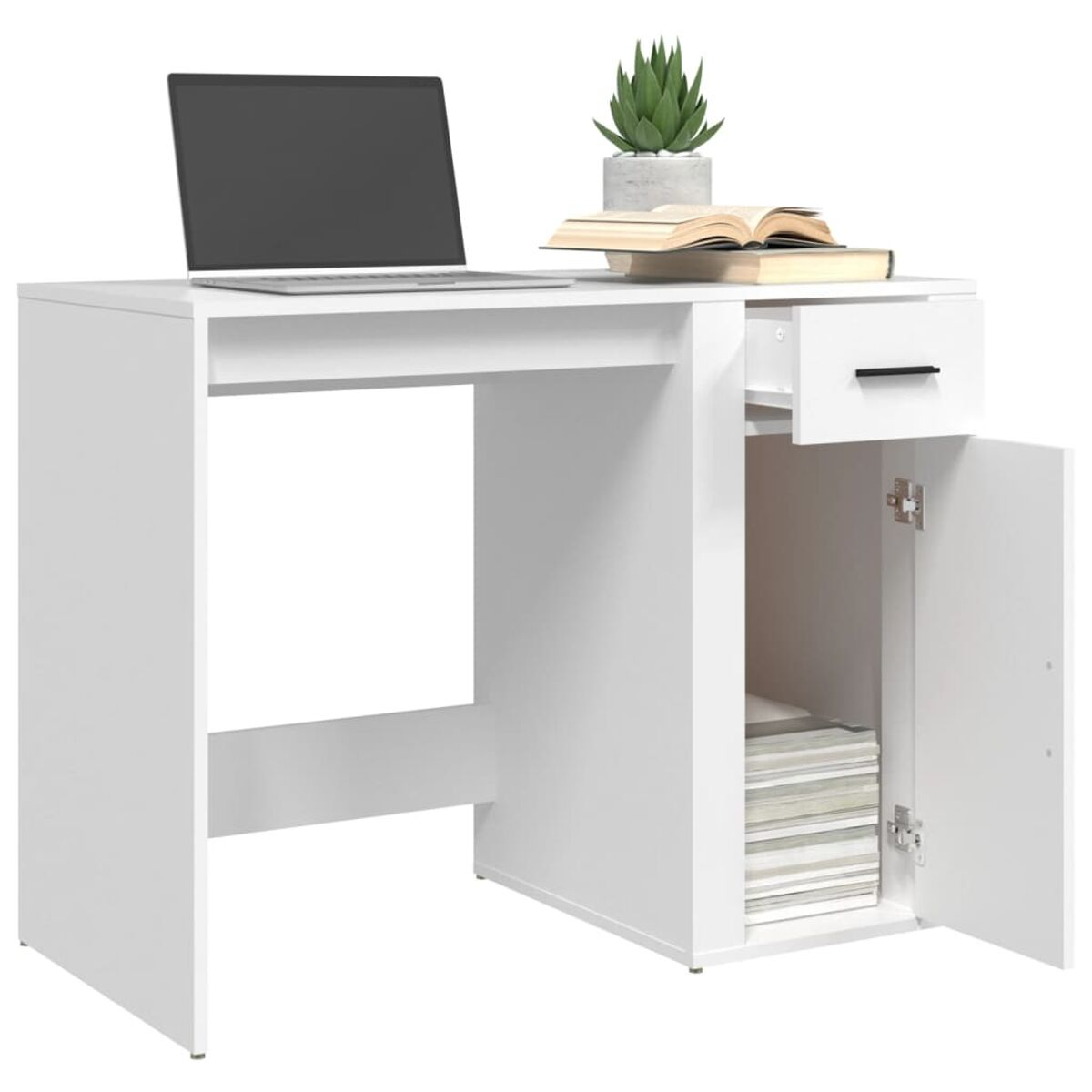 Weißer Schreibtisch mit Schublade, Laptop, Büchern und Pflanze. Offener Schrank. Weißer Hintergrund.
