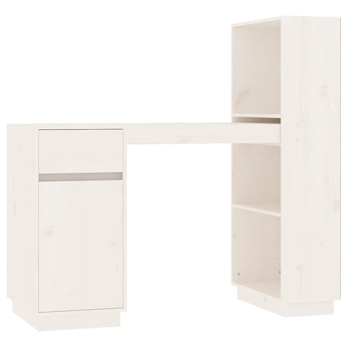 Weißer Schreibtisch mit Schublade und Schrank links und offenen Regalen rechts. Weißer Hintergrund.