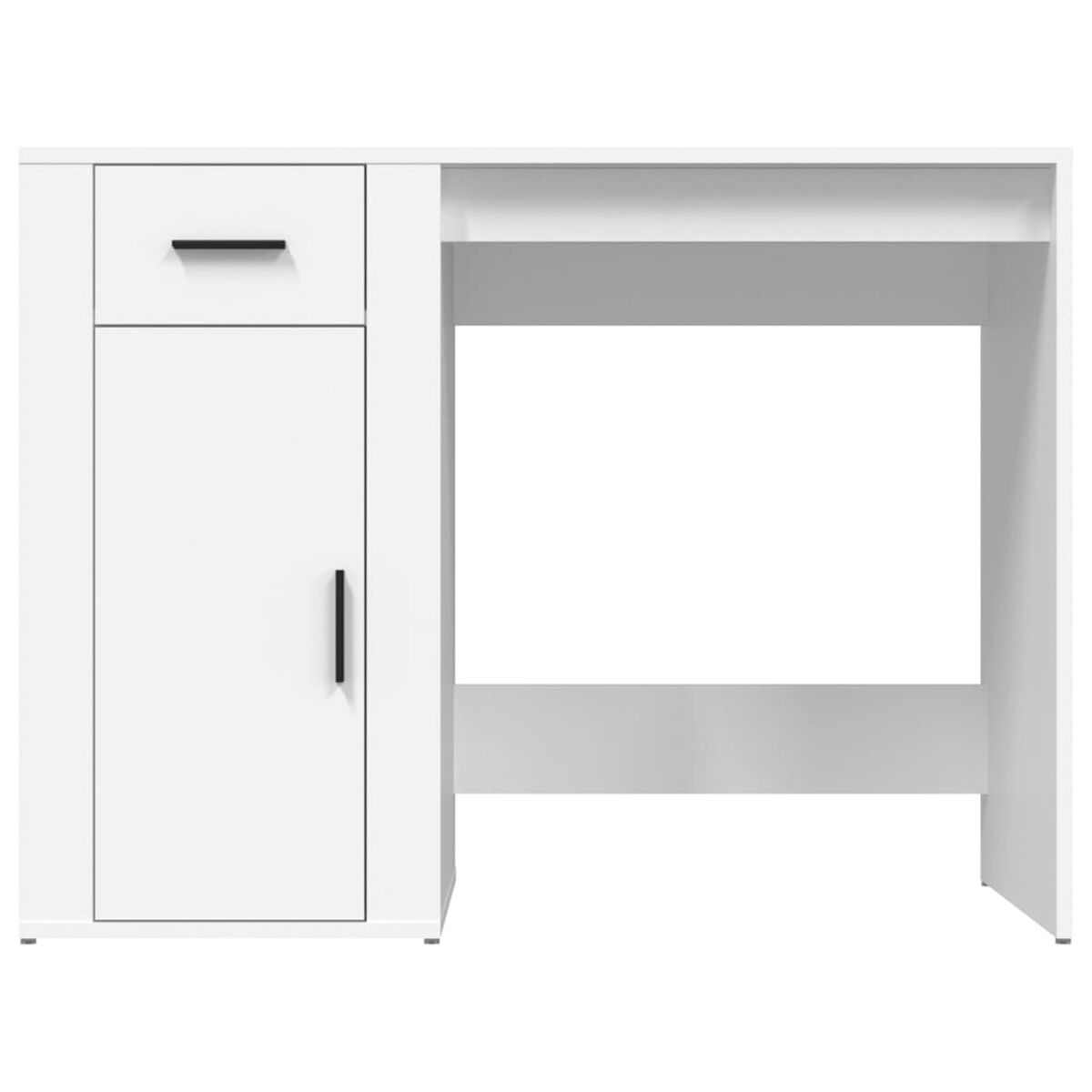 Weißer Schreibtisch mit Schublade und Schrank links, und Freiraum rechts.