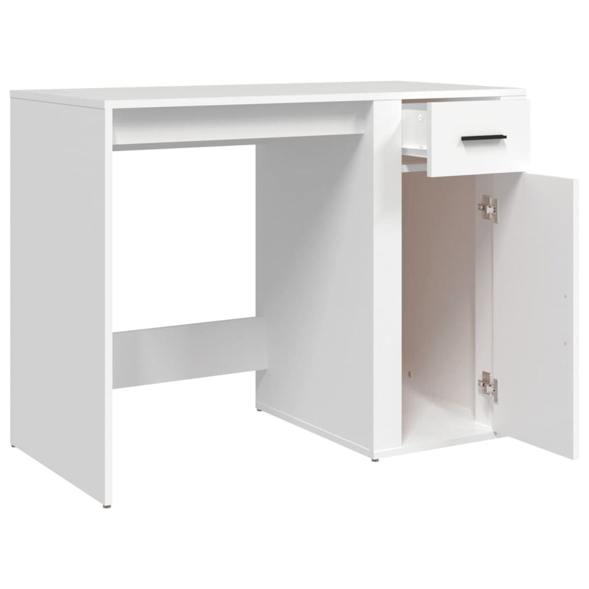 Weißer Schreibtisch mit Schublade und geöffneter Tür. Weißer Hintergrund. Einfaches Design.