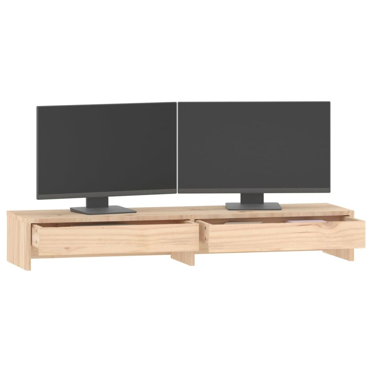 TV-Ständer aus Holz mit zwei Monitoren. Der Ständer hat Schubladen. Die Monitore sind schwarz.