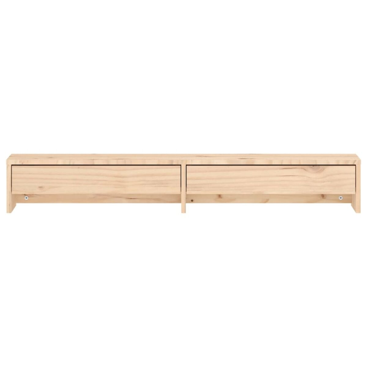Ein langer, hellfarbiger Holzschrank mit zwei Schubladen. Einfaches Design.