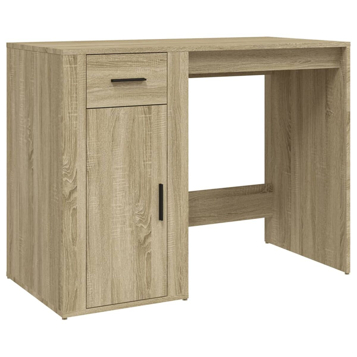 Holzschreibtisch mit Schrank und Schublade. Schwarzer Griff. Hellbrauner Hintergrund.