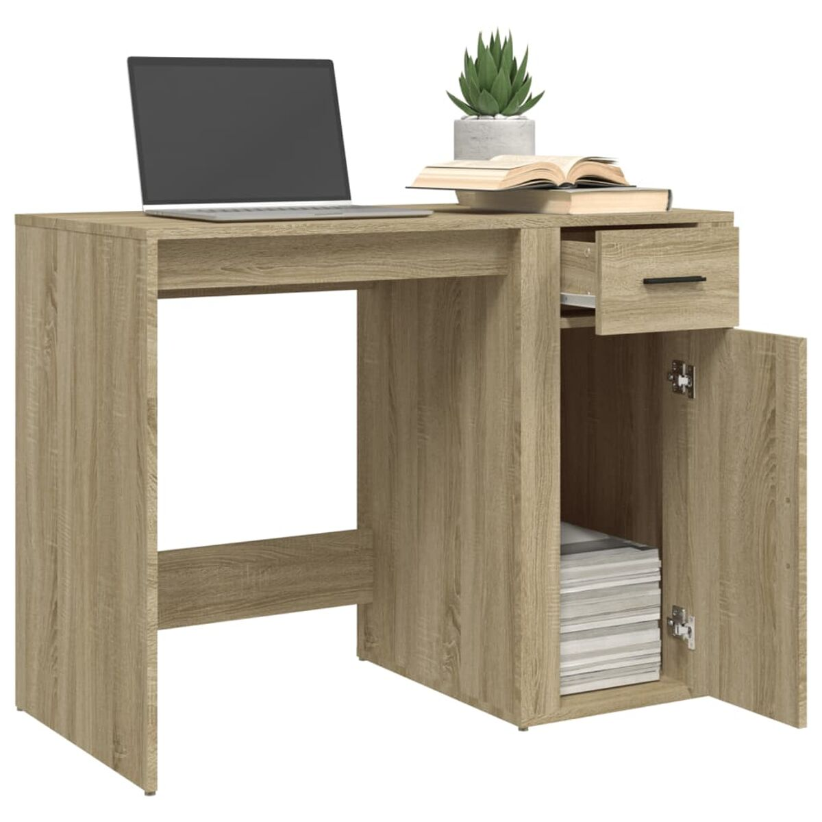 Holzschreibtisch mit Laptop, Pflanze und Büchern. Schublade offen, Schranktür angelehnt.