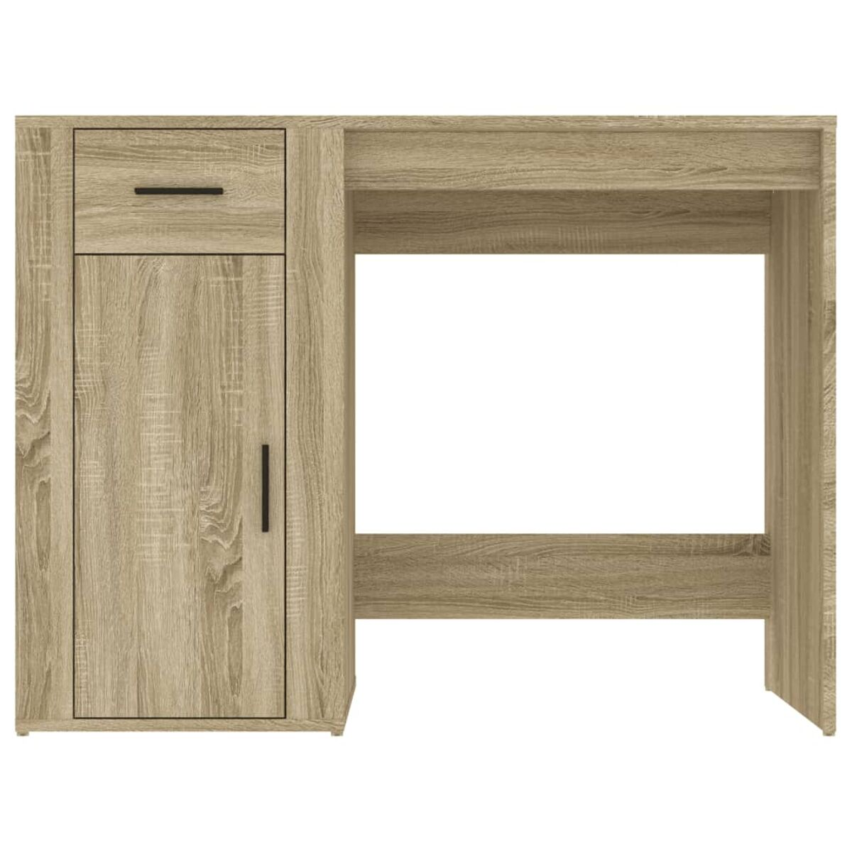 Ein Holzschreibtisch mit Schublade, Schrank und offenem Platz für einen Stuhl.