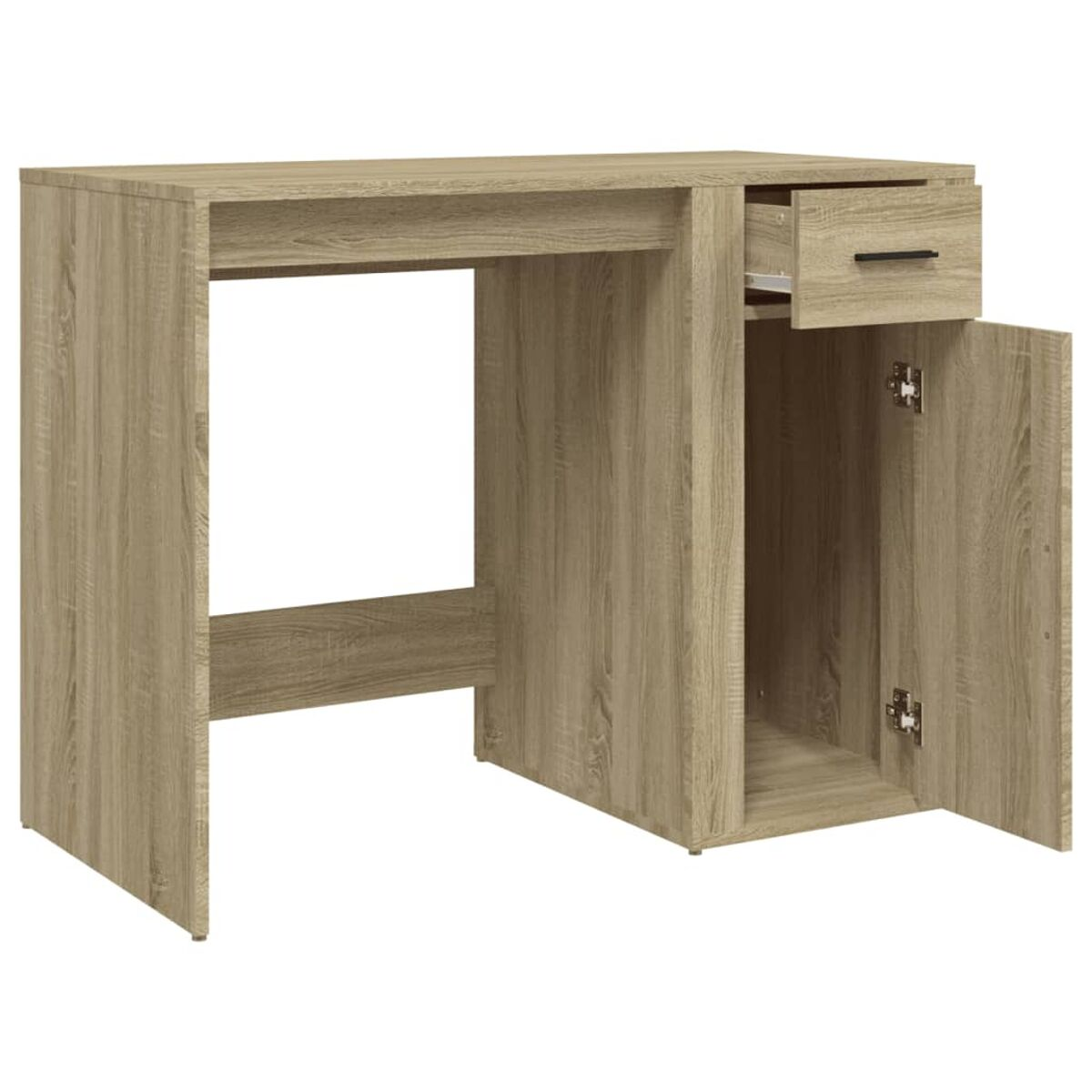 Holzschreibtisch mit geöffneter Schublade. Die Schranktür ist geöffnet.