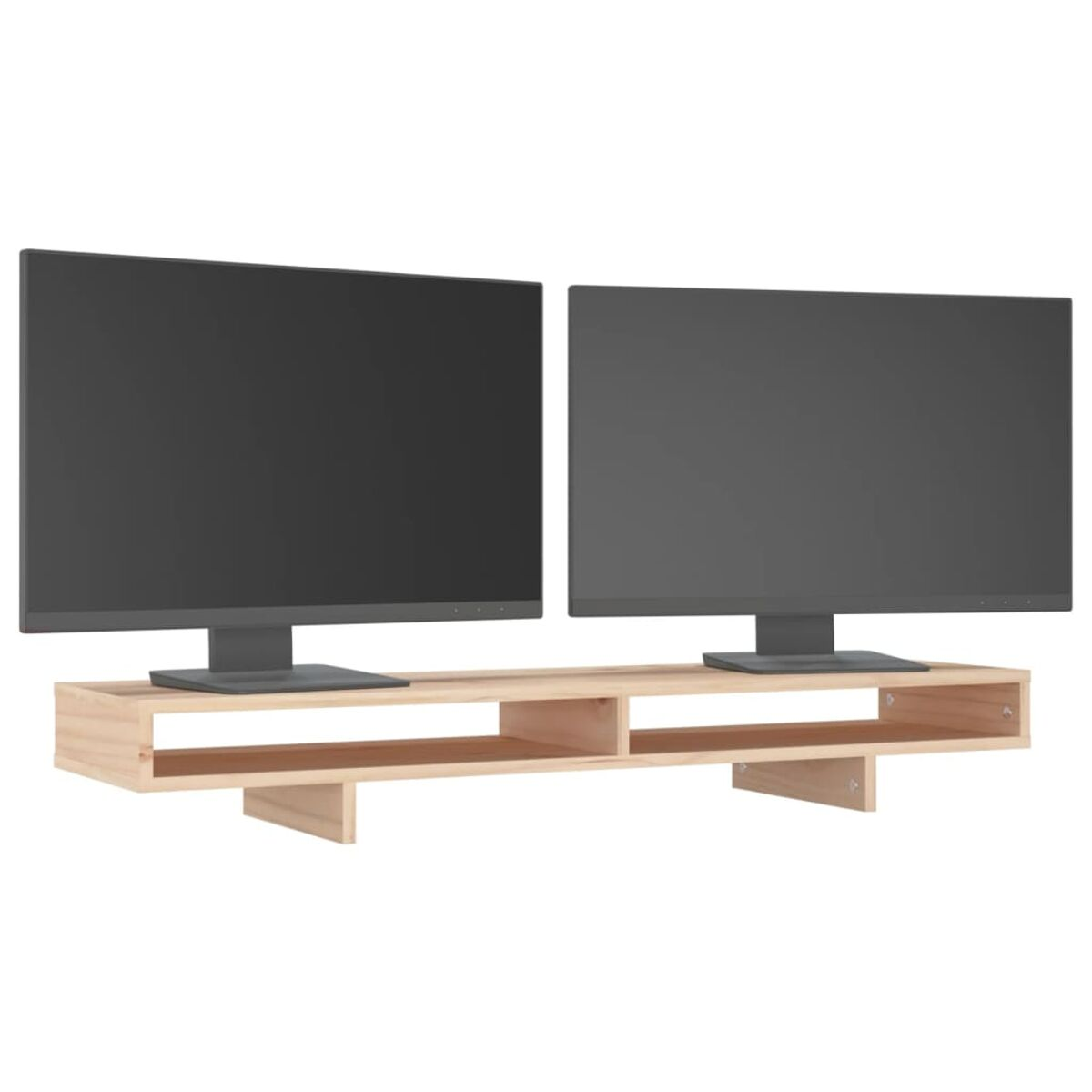 Zwei Computermonitore auf einem Holzständer. Der Ständer hat ein Regal.