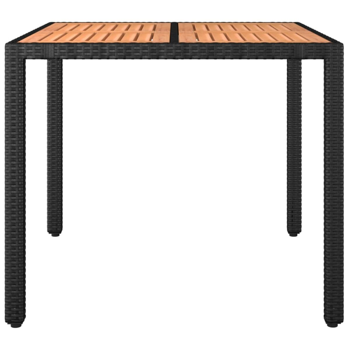 Ein quadratischer schwarzer Tisch mit einer Holzplatte. Die Platte besteht aus Latten. Die Beine sind schwarz.