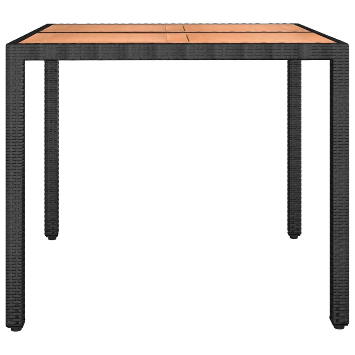 Ein quadratischer Tisch mit schwarzem Rahmen und Holzplatte. Der Tisch ist leer.
