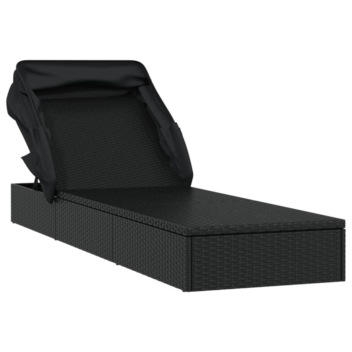 Eine schwarze Rattan-Chaiselongue für draußen mit schwarzem, ausfahrbarem Verdeck, von der Seite gesehen.