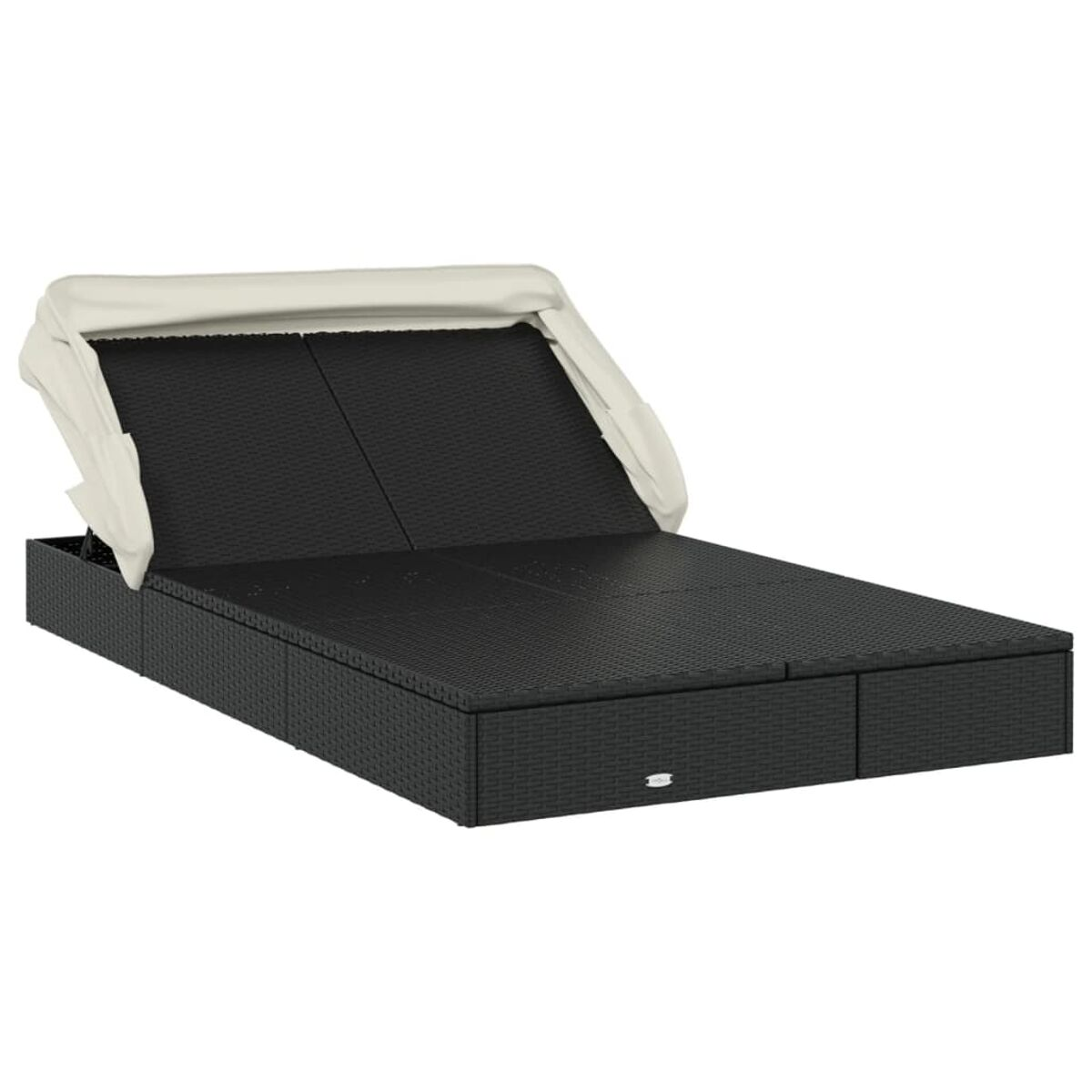 Schwarzes Outdoor-Tagesbett mit weißem Baldachin.