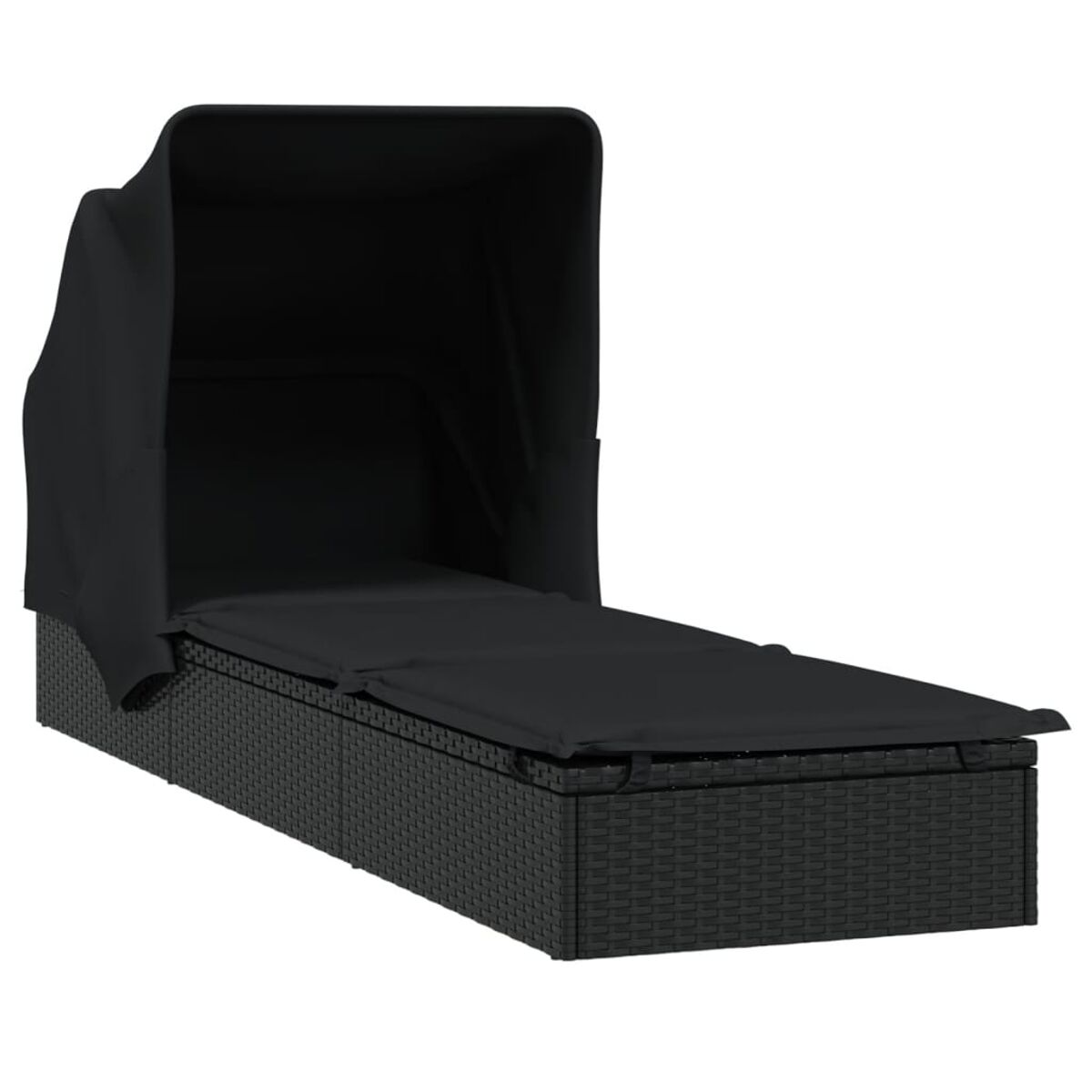 Eine schwarze Outdoor-Chaiselongue mit Baldachin, die auf einer weißen Oberfläche steht. Der Hintergrund ist weiß.