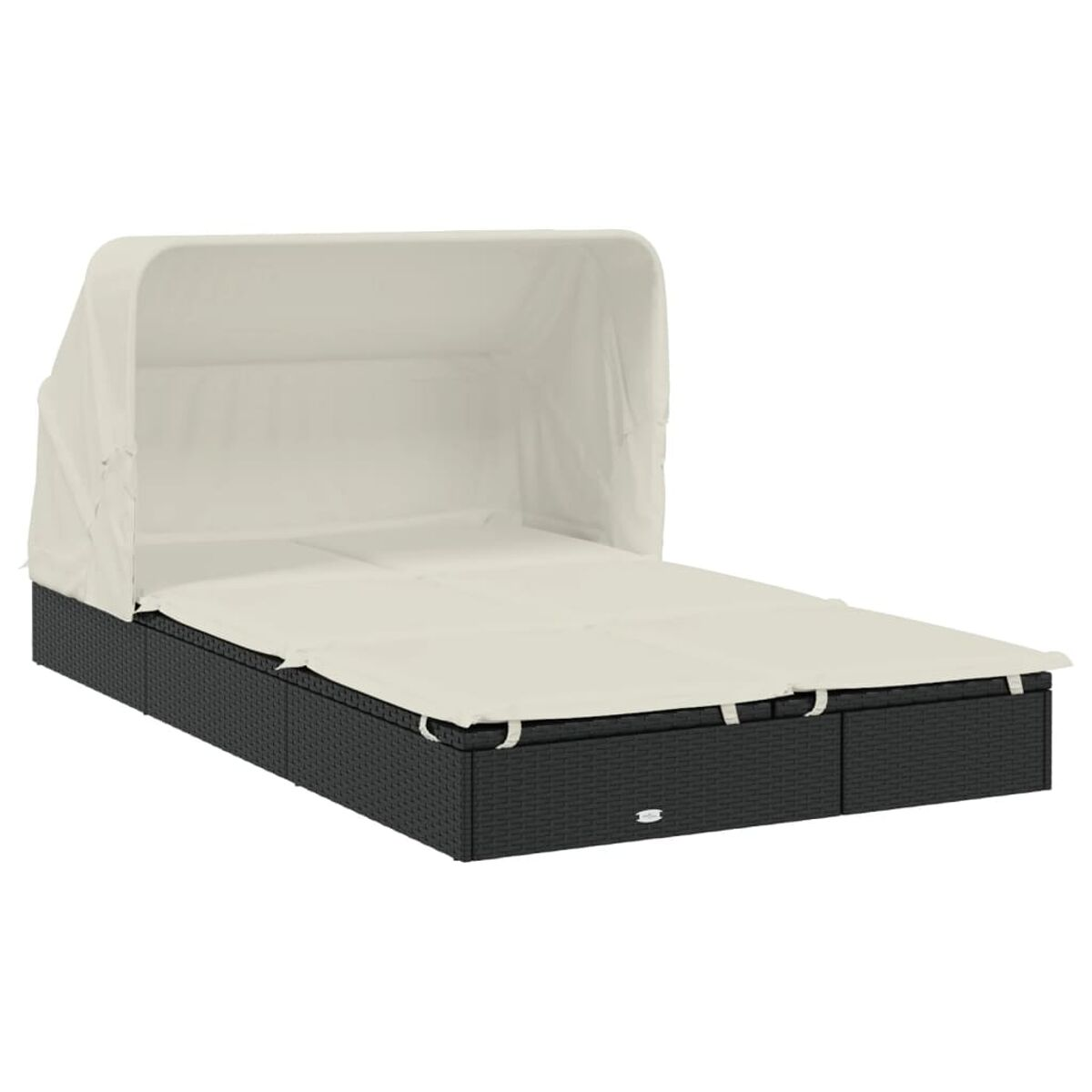 Outdoor-Daybed. Schwarzer Rattanrahmen mit weißem Verdeck. Beiges Kissen. Auf einer Seite offen.