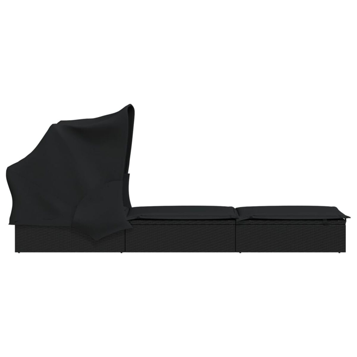 Schwarzes Outdoor-Sofa mit schwarzem Baldachin. Es ist im Korbstil gehalten.